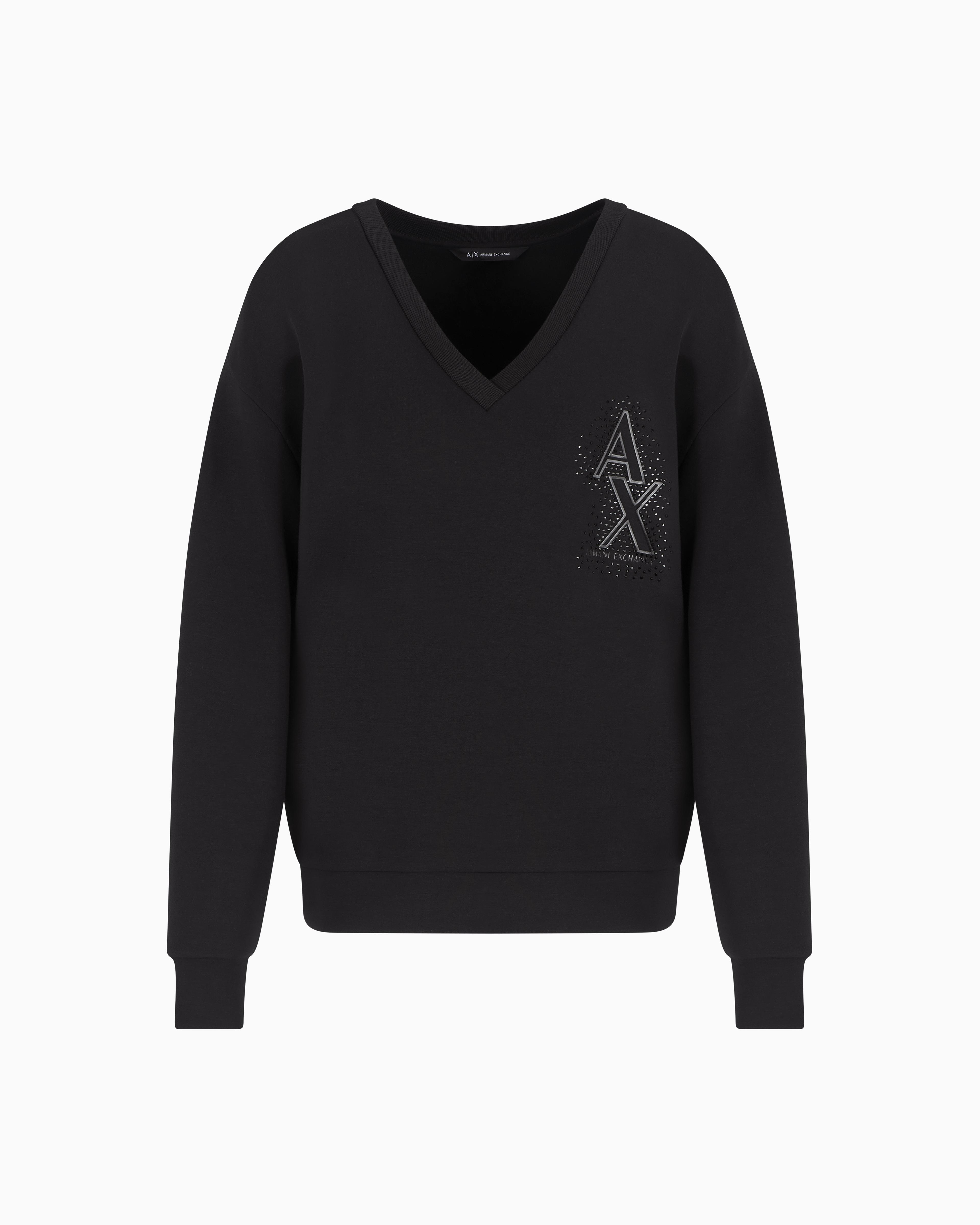 ARMANI EXCHANGE Armani Exchange Kadın Rahat Kalıp V Yaka Yapay Elmas İşlemeli AX Logolu Uzun Kollu Siyah Sweatshirt XW000093 AF10804-UC001