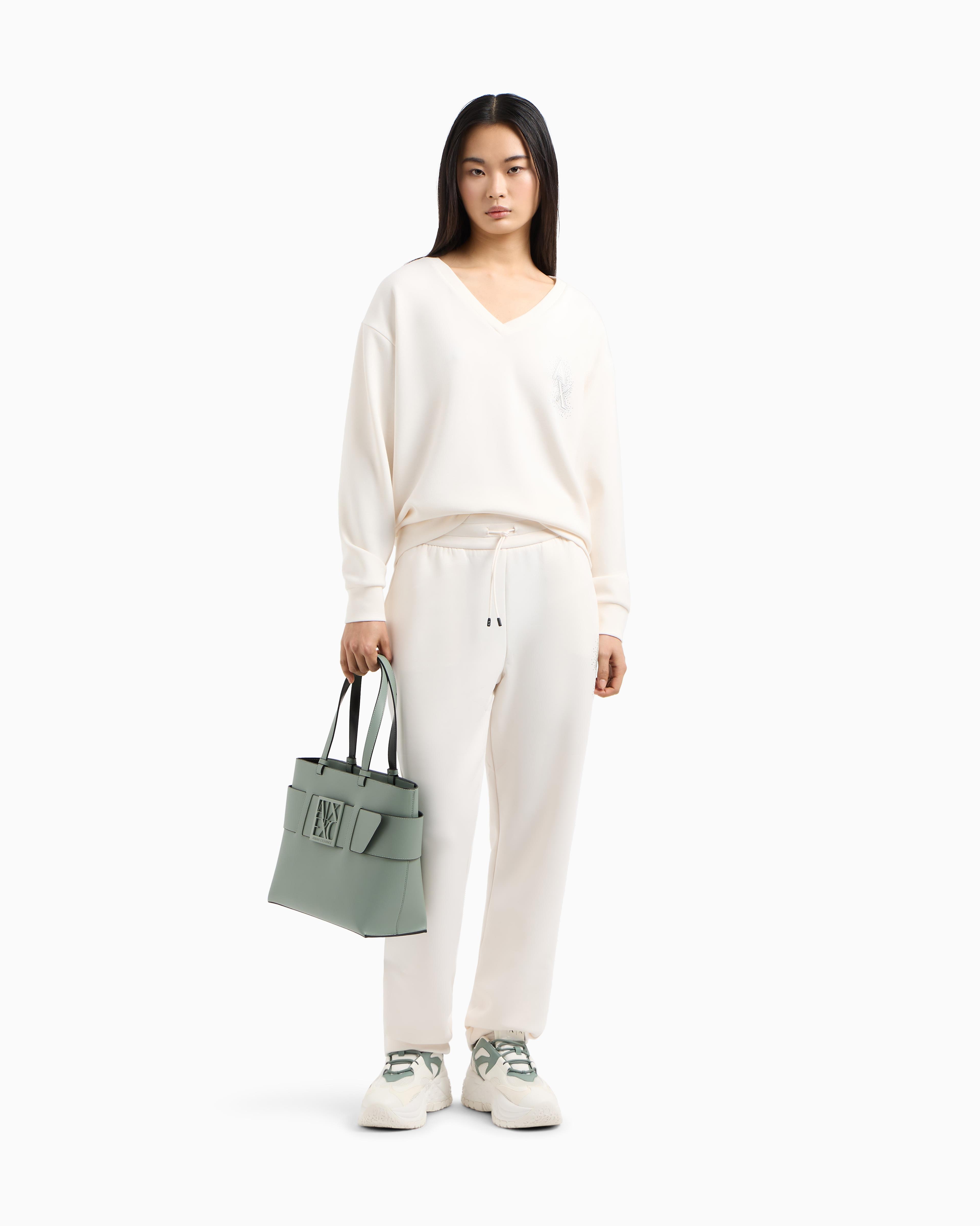 ARMANI EXCHANGE Armani Exchange Kadın Rahat Kalıp V Yaka Yapay Elmas İşlemeli AX Logolu Uzun Kollu Beyaz Sweatshirt XW000093 AF10804-U1003