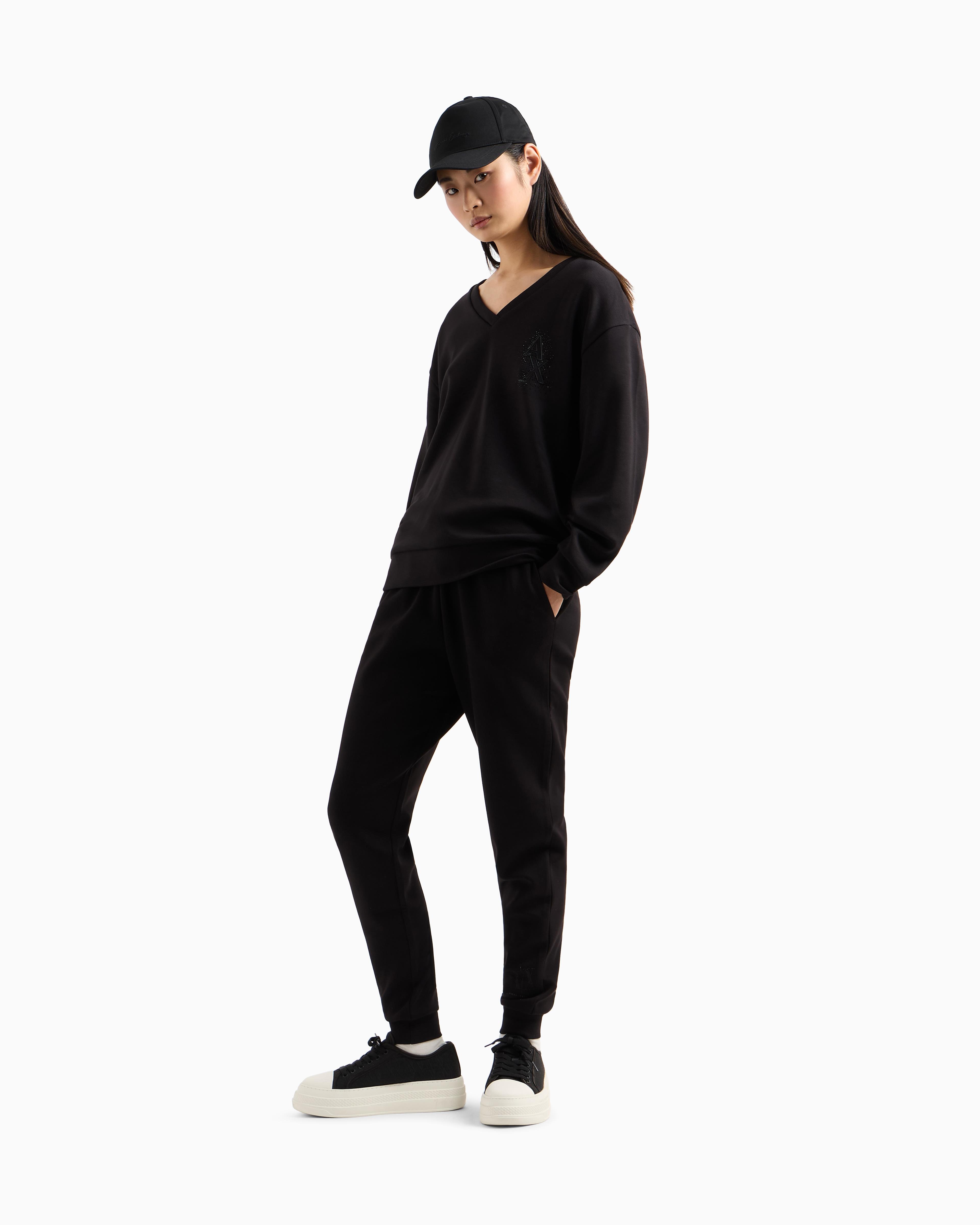 ARMANI EXCHANGE Armani Exchange Kadın Rahat Kalıp V Yaka Yapay Elmas İşlemeli AX Logolu Uzun Kollu Siyah Sweatshirt XW000093 AF10804-UC001