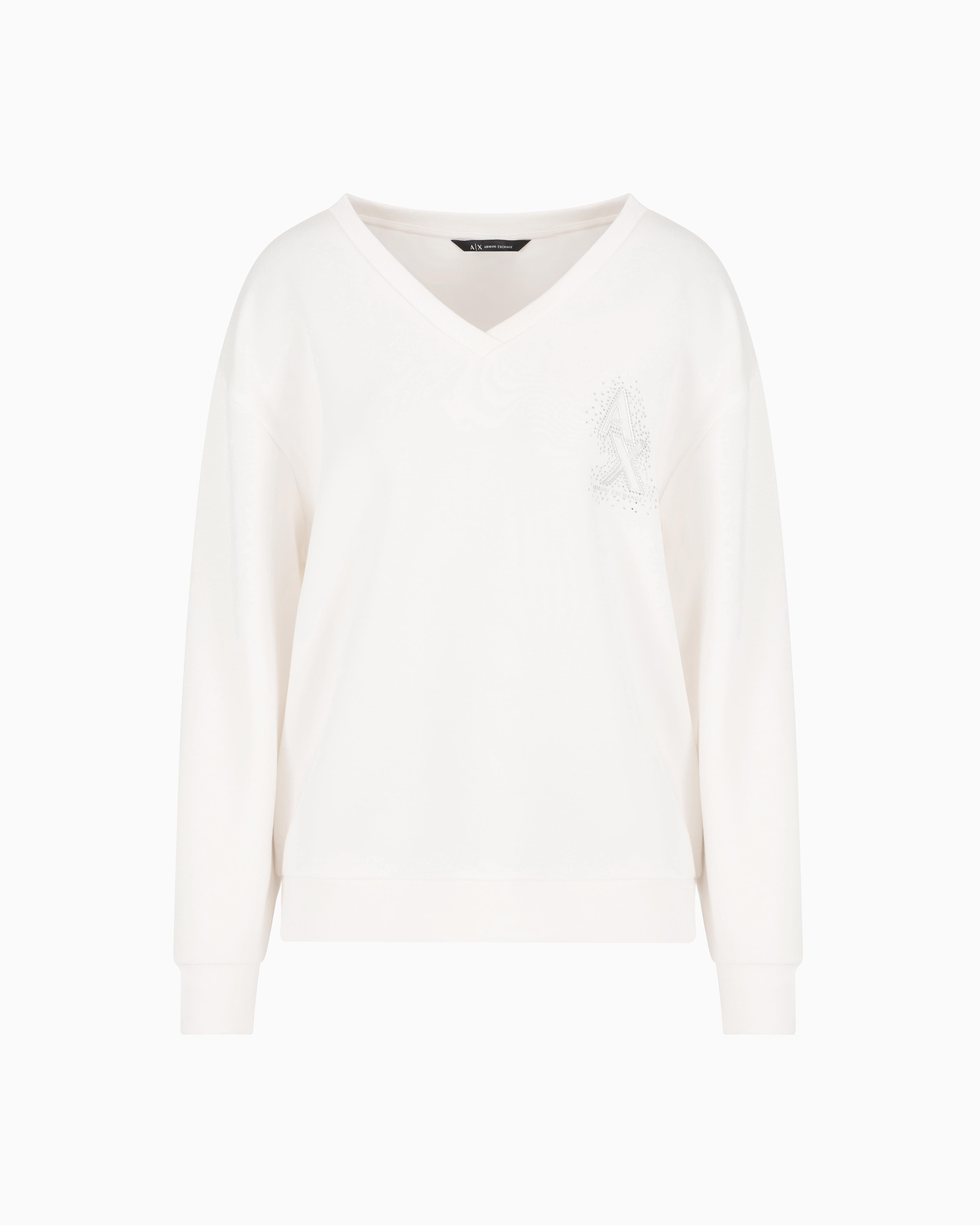 ARMANI EXCHANGE Armani Exchange Kadın Rahat Kalıp V Yaka Yapay Elmas İşlemeli AX Logolu Uzun Kollu Beyaz Sweatshirt XW000093 AF10804-U1003