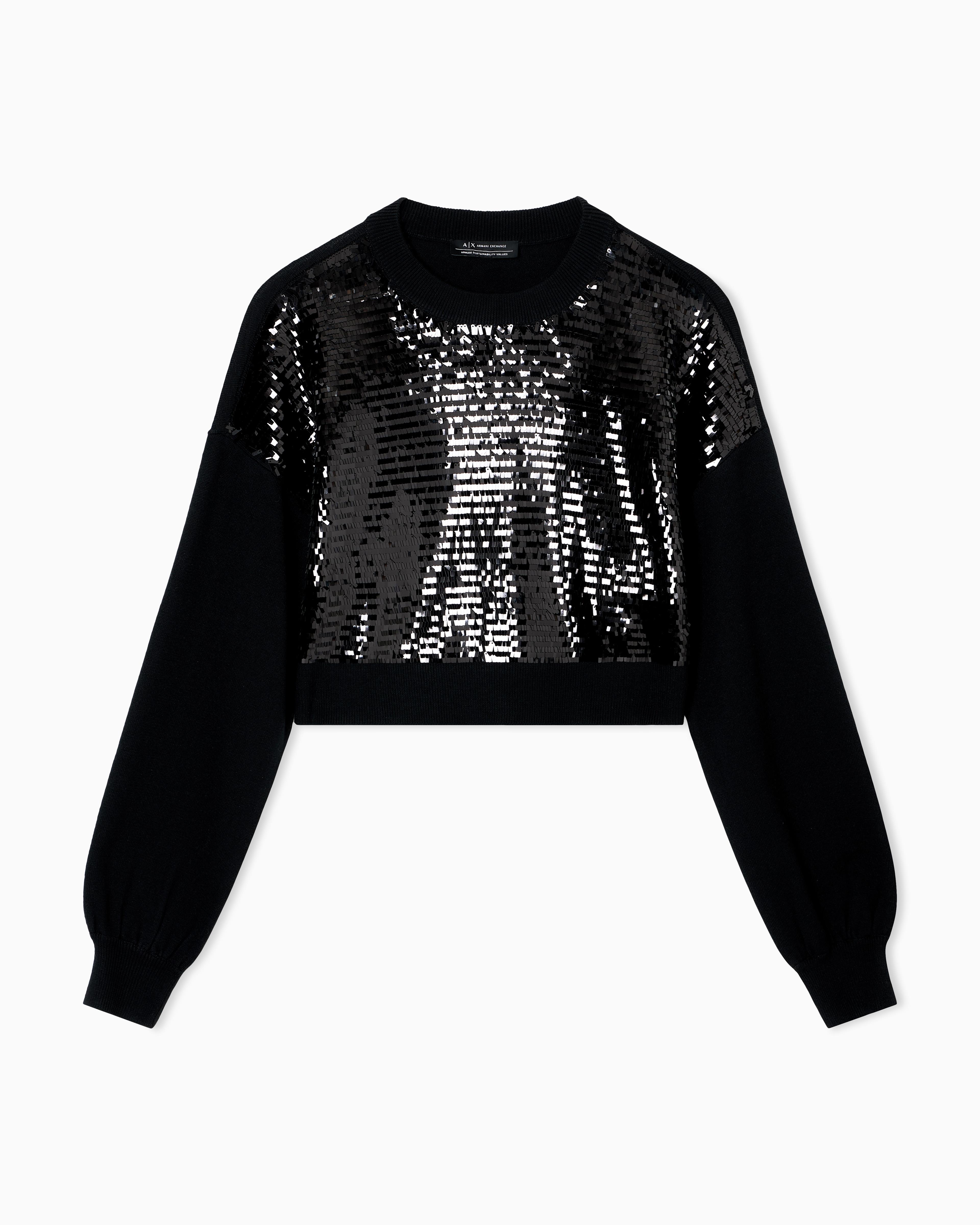 Armani Exchange Armani Exchange Kadın Normal Kalıp Önü Pul Payet Desenli Yuvarlak Yaka Uzun Kollu Siyah Kazak XW001326 AF16682-MC117