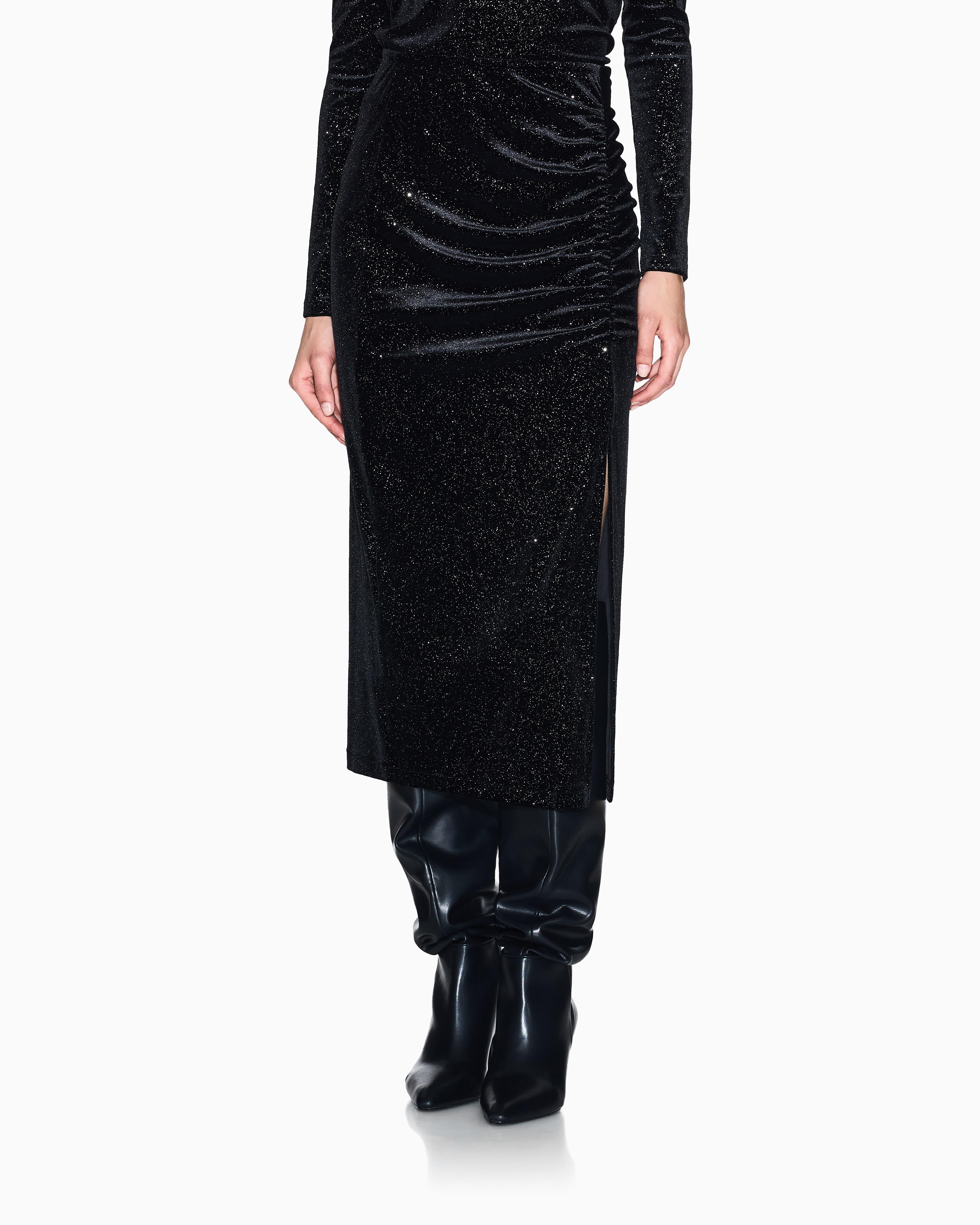 Armani Exchange Armani Exchange Kadın Yüksek Bel Yandan Büzgü Ve Yırtmaç Detay Midi Boy Siyah-Gümüş Etek XW000791 AF16143-MC072