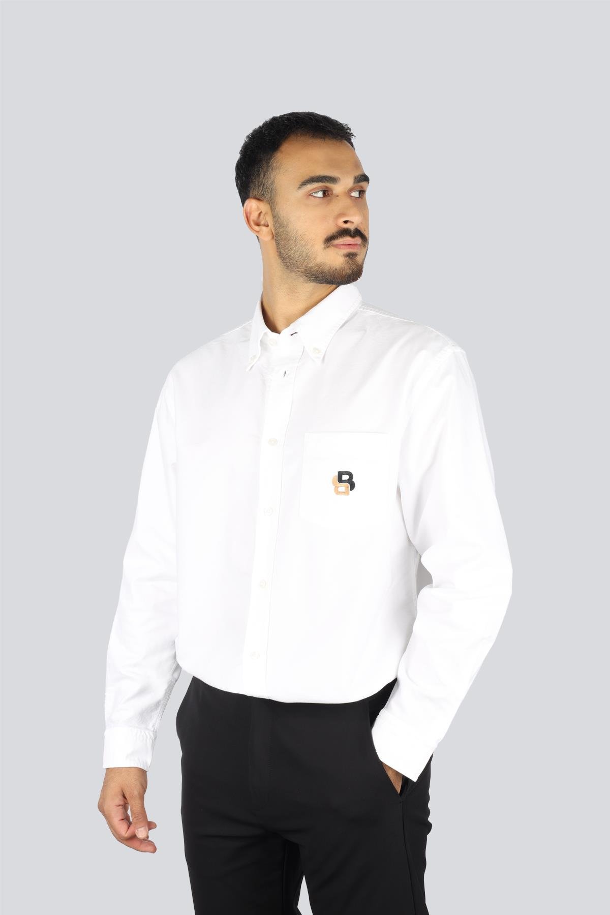 BOSS  BOSS Erkek %100 Pamuklu Logo Desenli Uzun Kollu Beyaz Gömlek 50545572-100