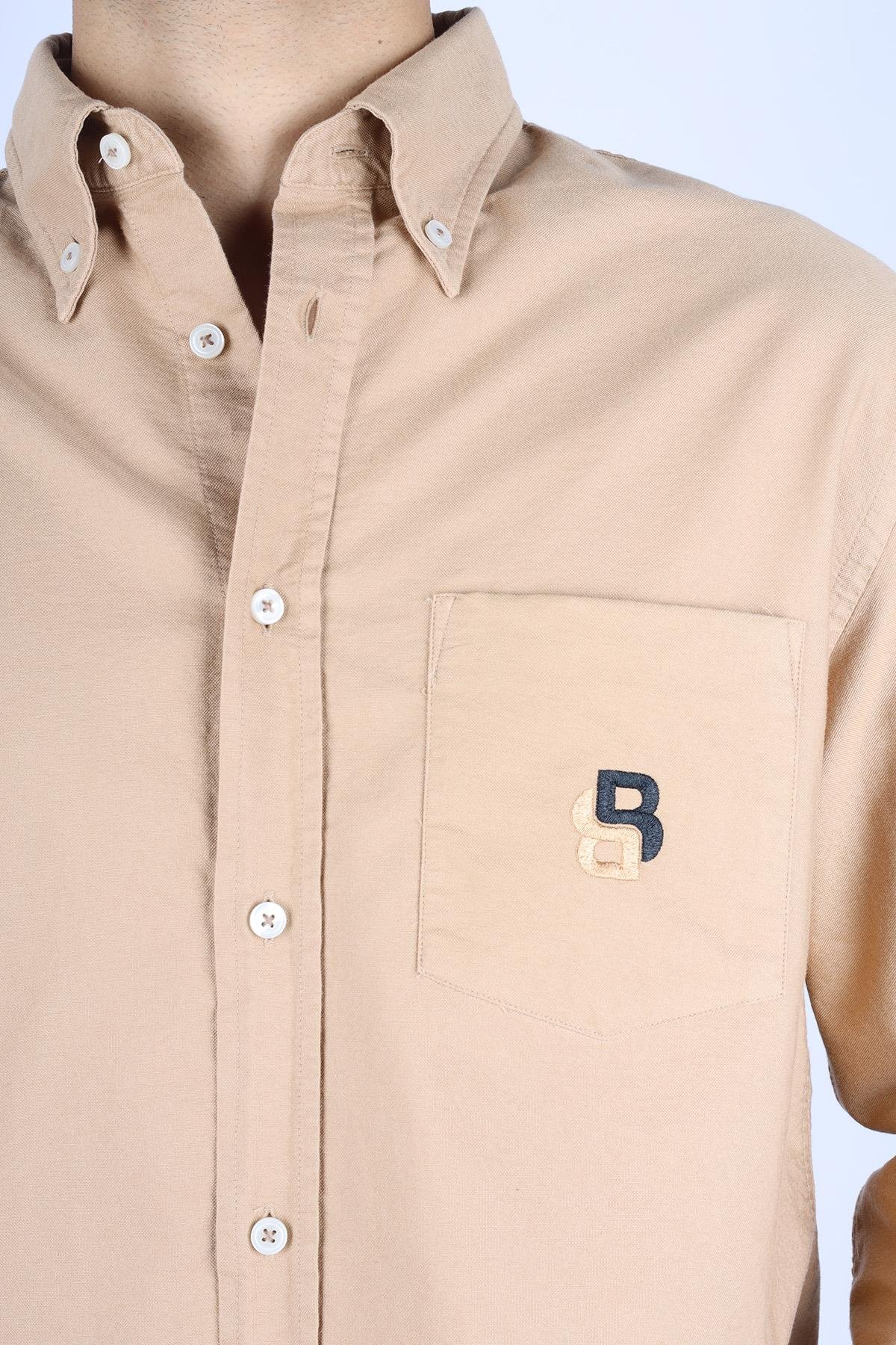 BOSS  BOSS Erkek %100 Pamuklu Logo Desenli Uzun Kollu Bej Gömlek 50545572-260