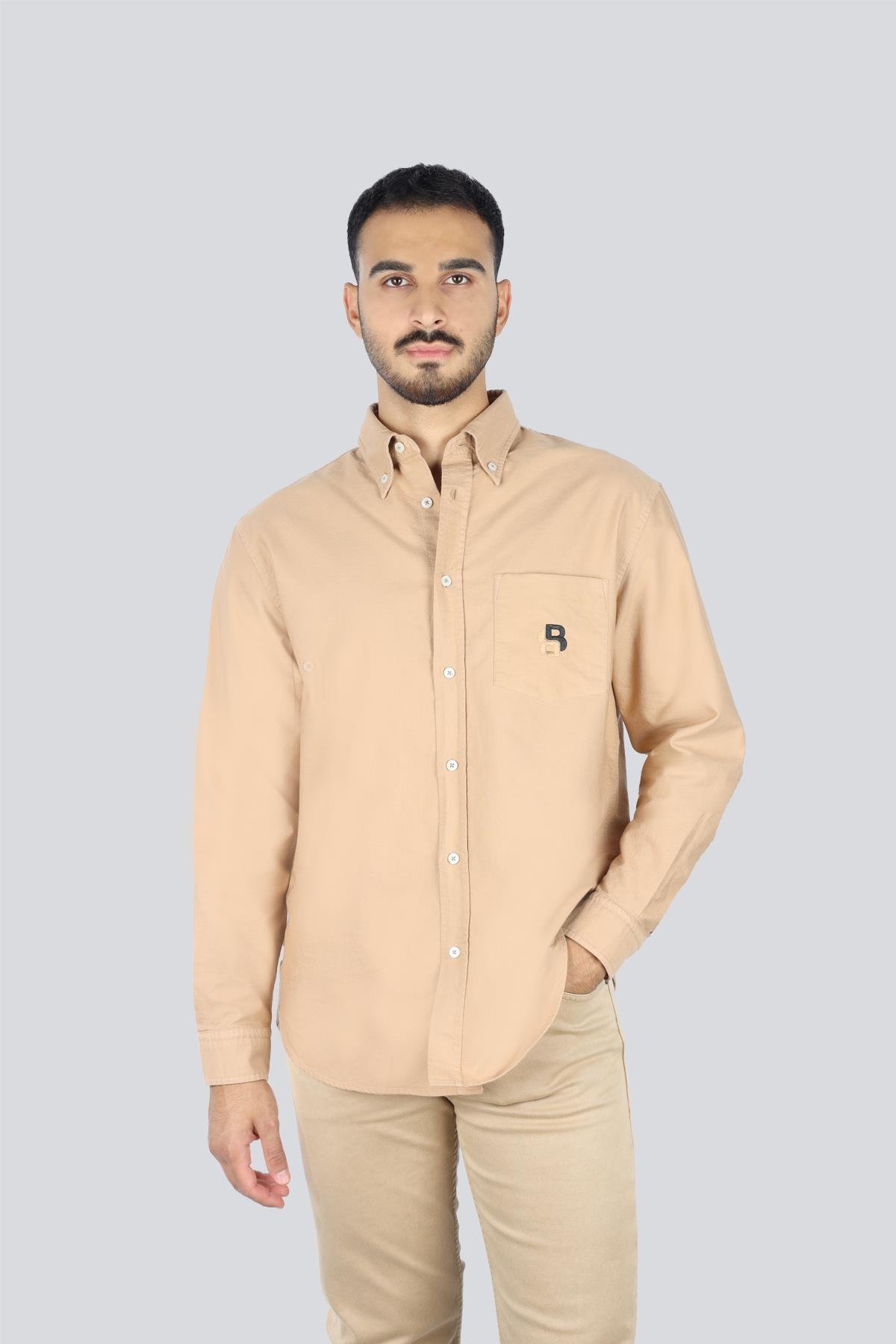 BOSS  BOSS Erkek %100 Pamuklu Logo Desenli Uzun Kollu Bej Gömlek 50545572-260