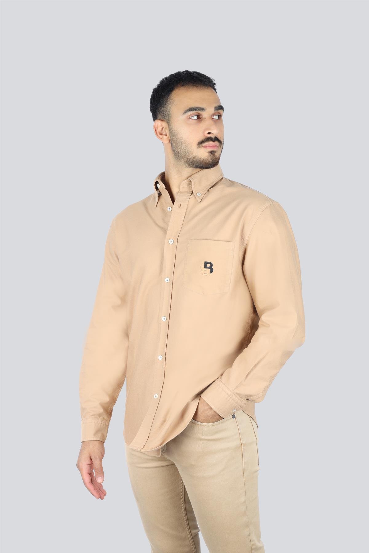 BOSS  BOSS Erkek %100 Pamuklu Logo Desenli Uzun Kollu Bej Gömlek 50545572-260