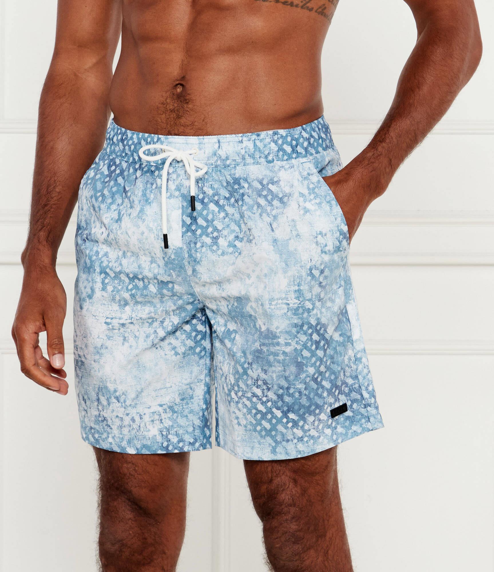 BOSS BOSS Erkek Beli Bağcıklı Normal Kalıp Monogram Logo Desenli Mavi Deniz Şortu 50544343-443