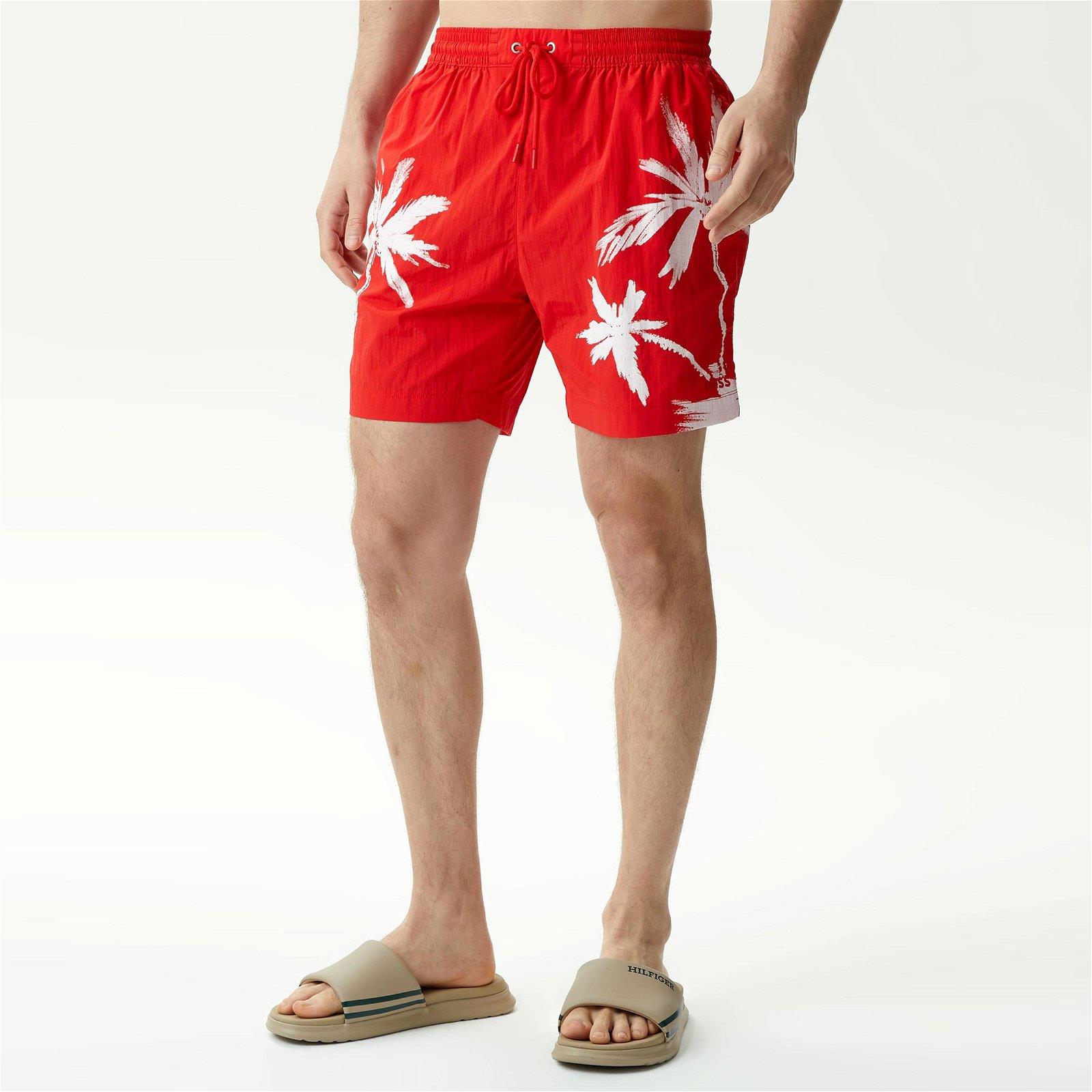 BOSS BOSS Erkek Logolu Beli Lastikli Yüksek Bel Slim Fit Kırmızı Deniz Şortu 50515706-626