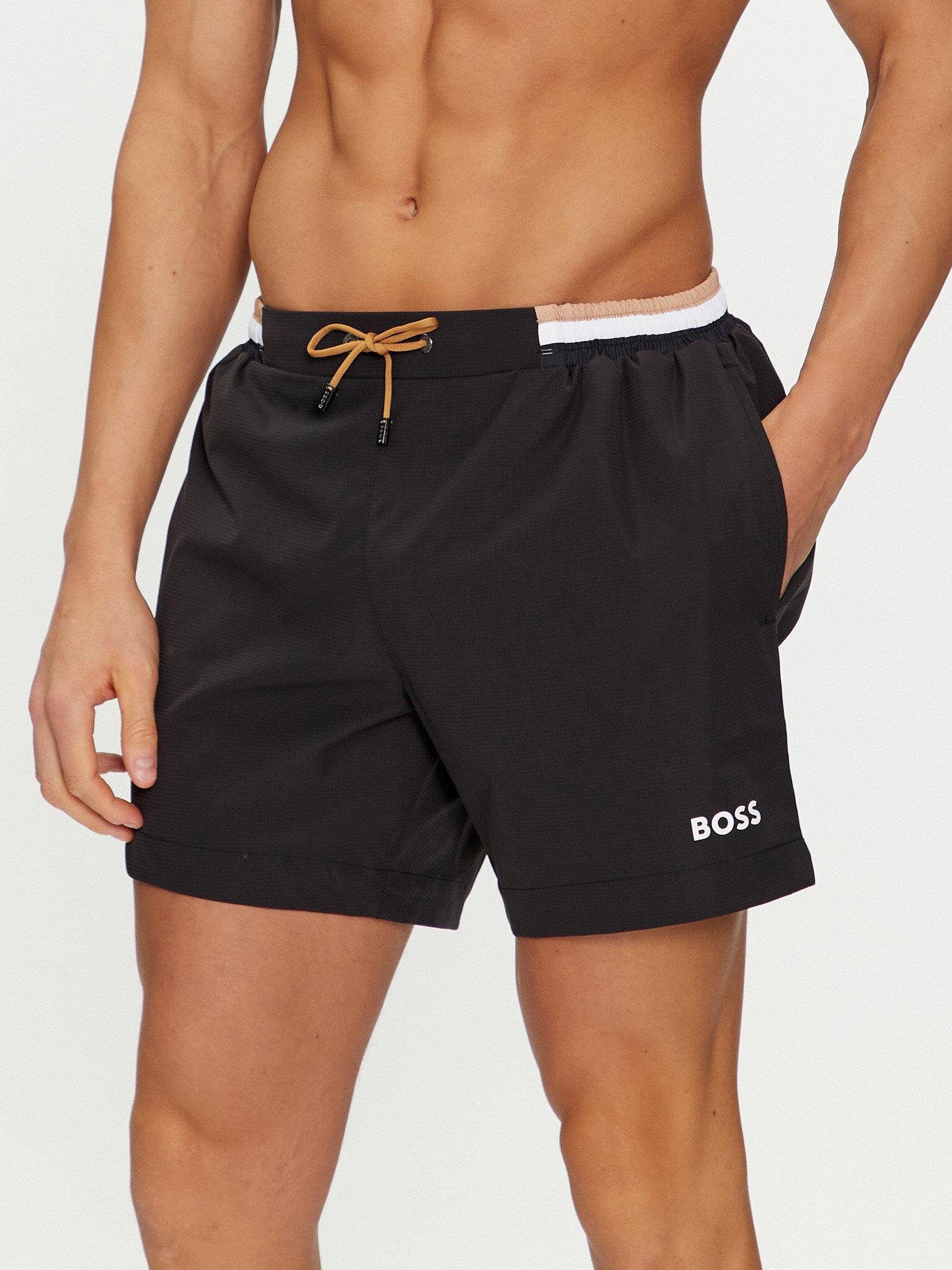 BOSS BOSS Erkek Logolu Beli Lastikli Yüksek Bel Slim Fit Siyah Deniz Şortu 50469324-001