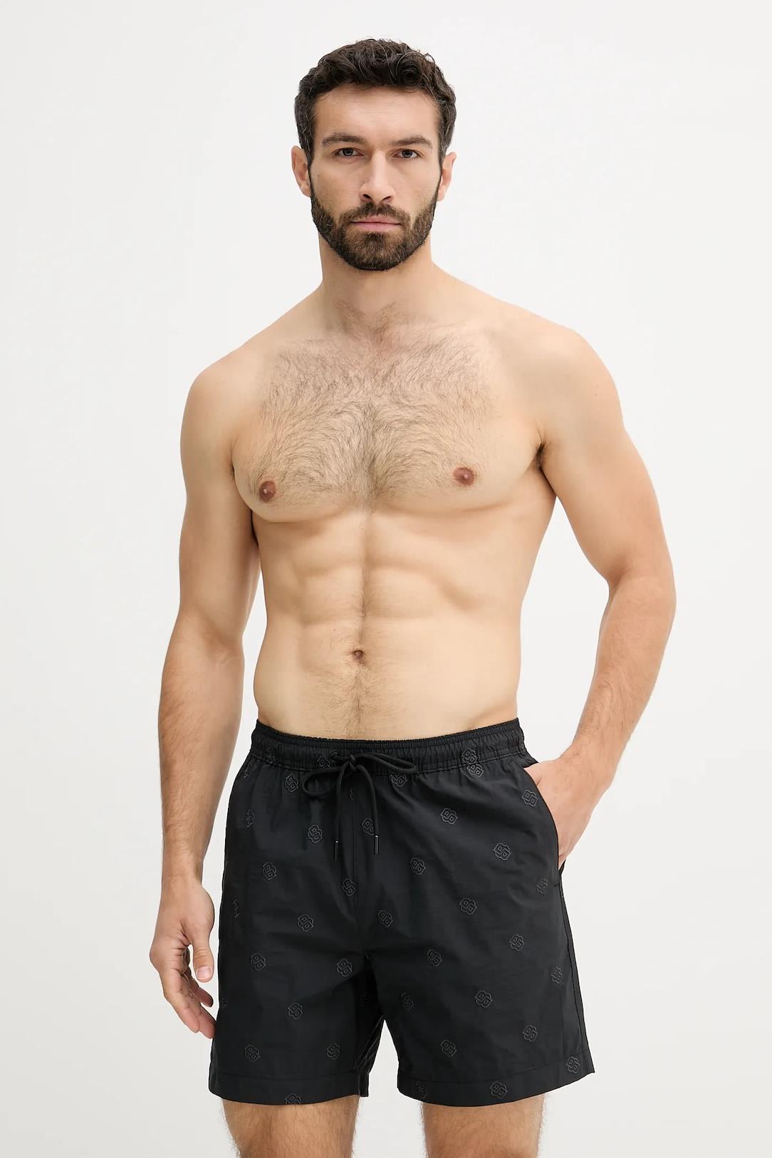 BOSS BOSS Erkek Monogram Logolu Beli Lastikli ve İp Bağlamalı Çabuk Kuruyan Siyah Mayo 50535785-001