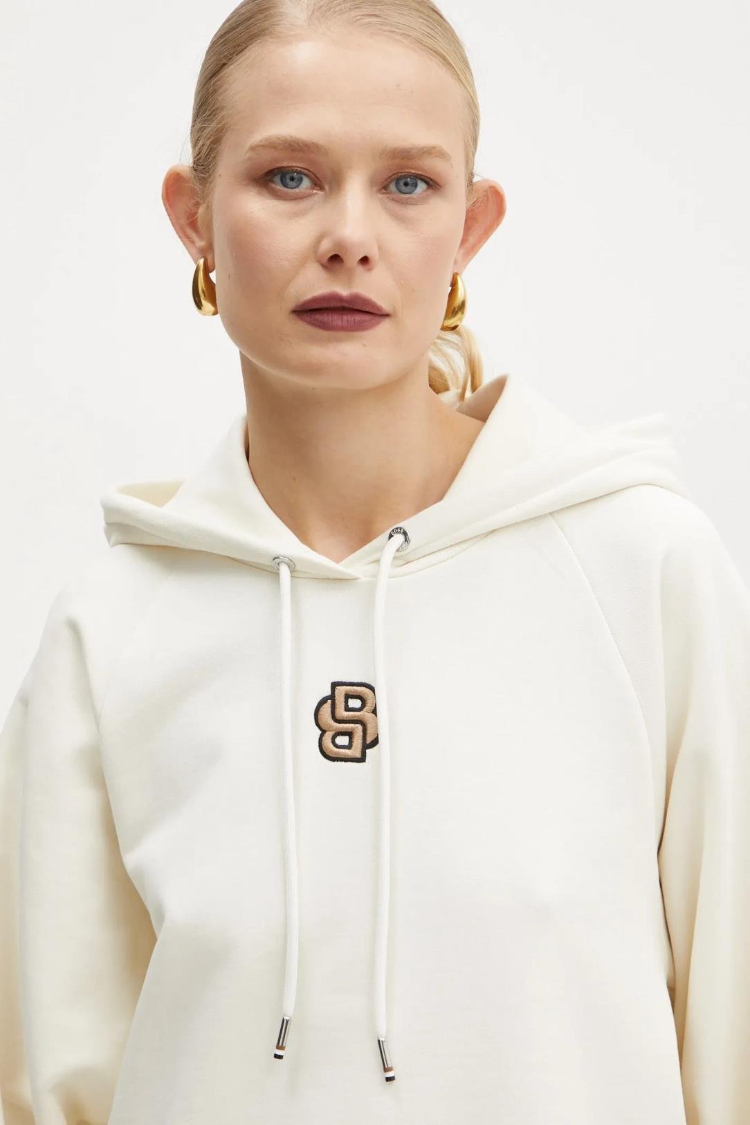 BOSS BOSS Kadın Normal Kesim Kapüşonlu Pamuklu Uzun Kollu Krem Sweatshirt 50537934-119