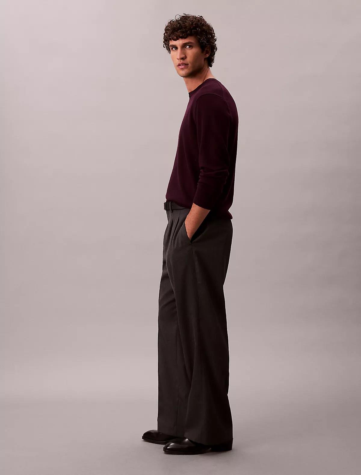 Calvin Klein Calvin Klein Erkek %100 Yün Normal Kalıp Ribanalı Yuvarlak Yaka Ck Logo Kabartmalı Uzun Kollu Örme Bordo Kazak LV04LB305G-GR9