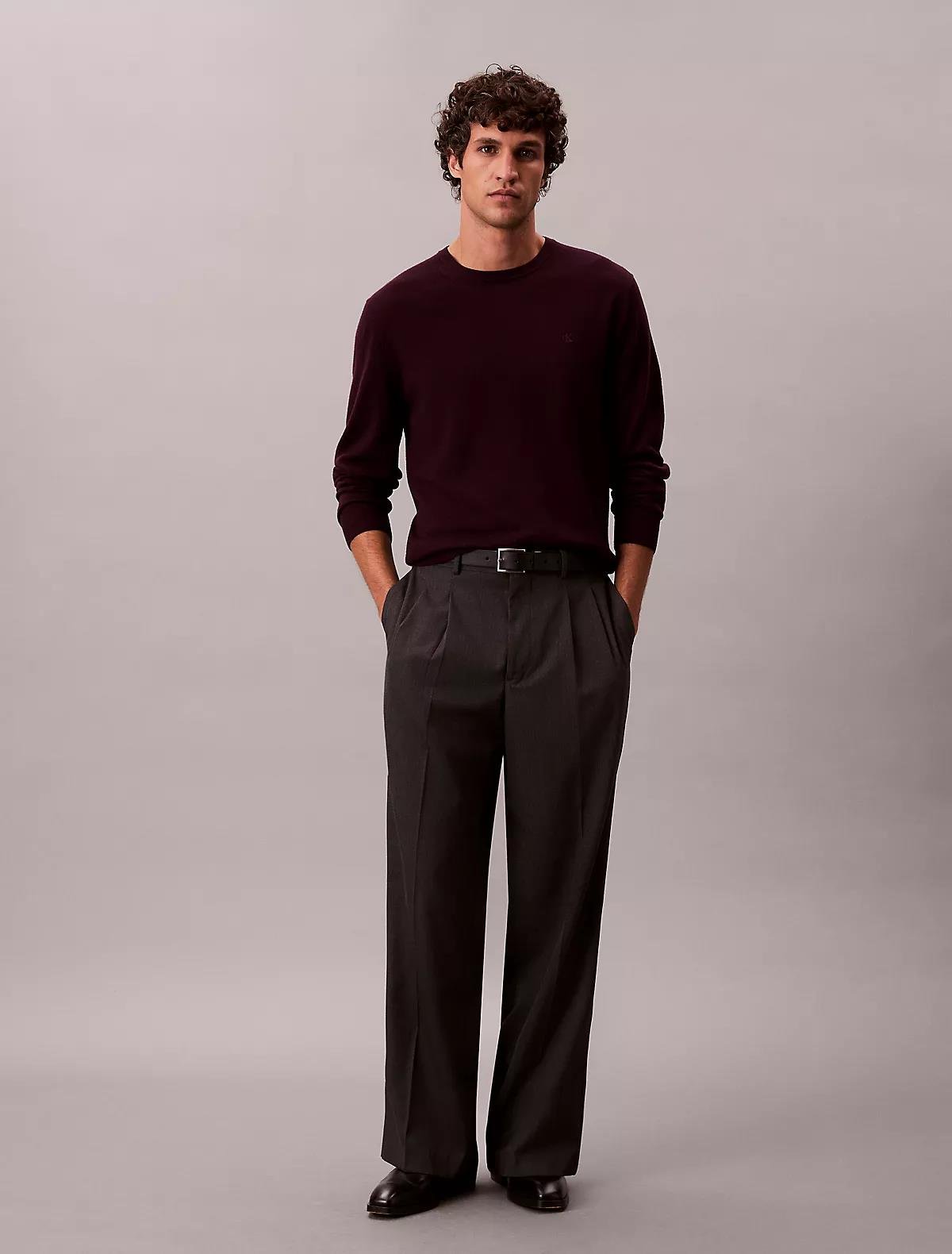 Calvin Klein Calvin Klein Erkek %100 Yün Normal Kalıp Ribanalı Yuvarlak Yaka Ck Logo Kabartmalı Uzun Kollu Örme Bordo Kazak LV04LB305G-GR9