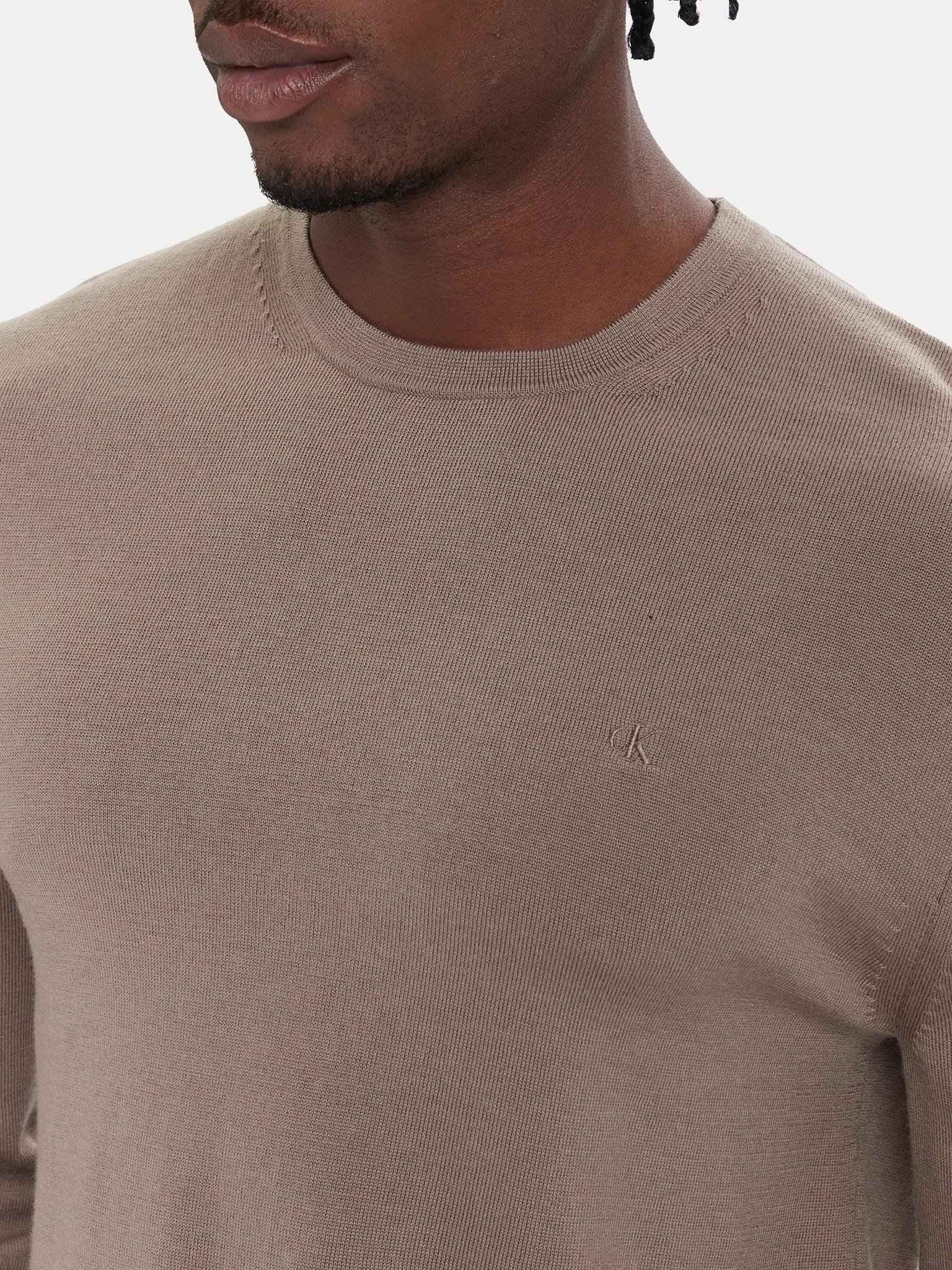 Calvin Klein Calvin Klein Erkek %100 Yün Normal Kalıp Ribanalı Yuvarlak Yaka Ck Logo Kabartmalı Uzun Kollu Örme Kahverengi Kazak LV04LB305G-GPF