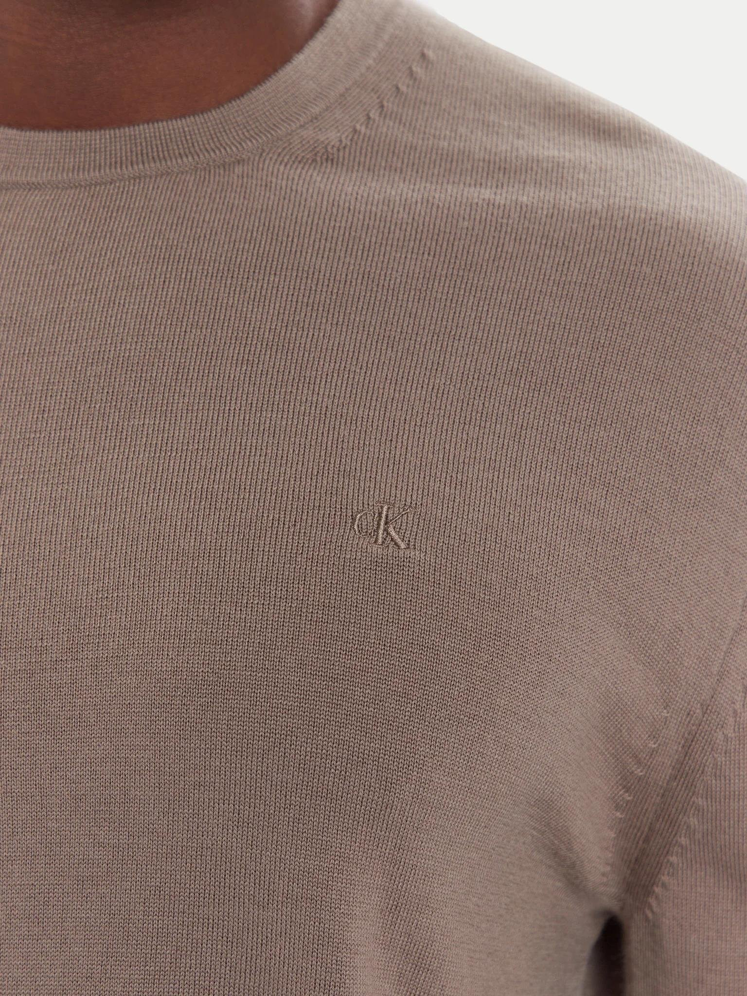 Calvin Klein Calvin Klein Erkek %100 Yün Normal Kalıp Ribanalı Yuvarlak Yaka Ck Logo Kabartmalı Uzun Kollu Örme Kahverengi Kazak LV04LB305G-GPF
