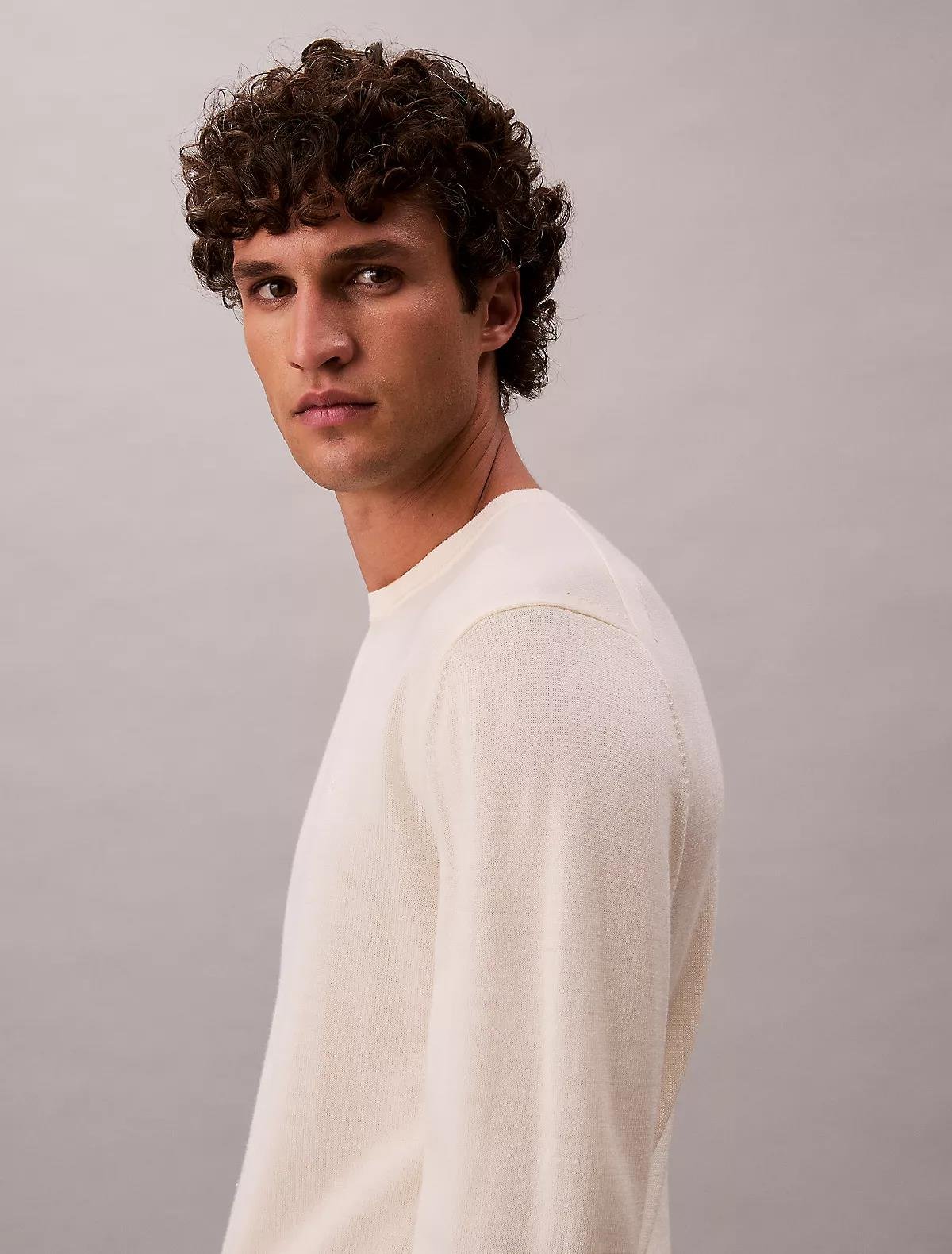 Calvin Klein Calvin Klein Erkek %100 Yün Normal Kalıp Ribanalı Yuvarlak Yaka Ck Logo Kabartmalı Uzun Kollu Örme Beyaz Kazak LV04LB305G-YAC