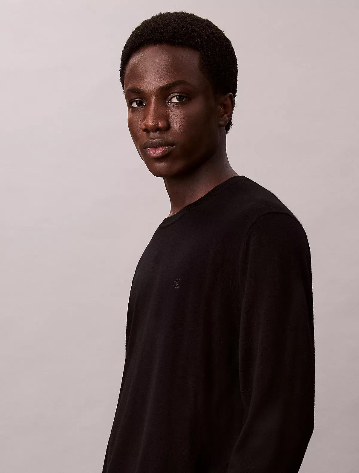 Calvin Klein Calvin Klein Erkek %100 Yün Normal Kalıp Ribanalı Yuvarlak Yaka Ck Logo Kabartmalı Uzun Kollu Örme Siyah Kazak LV04LB305G-UB1