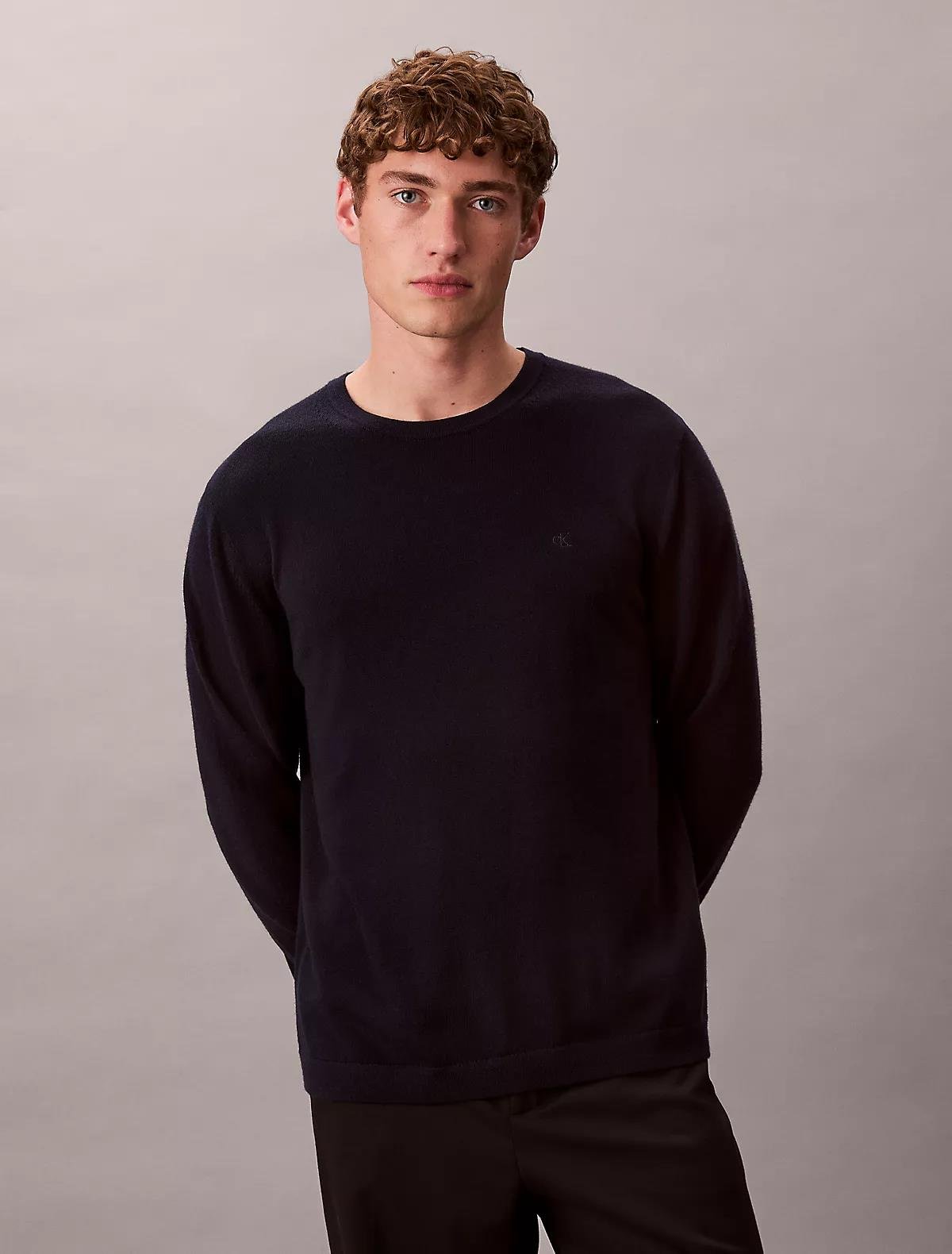 Calvin Klein Calvin Klein Erkek %100 Yün Normal Kalıp Ribanalı Yuvarlak Yaka Ck Logo Kabartmalı Uzun Kollu Örme Lacivert Kazak LV04LB305G-CEF