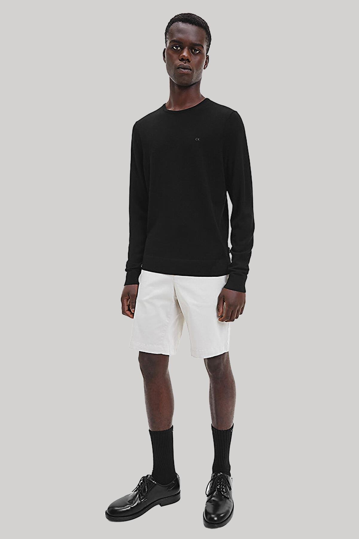 Calvin Klein Calvin Kleın Erkek %100 Yün Marka Logolu Uzun Kollu Bisiklet Yaka Siyah Sweatshirt K10K109474-BEH