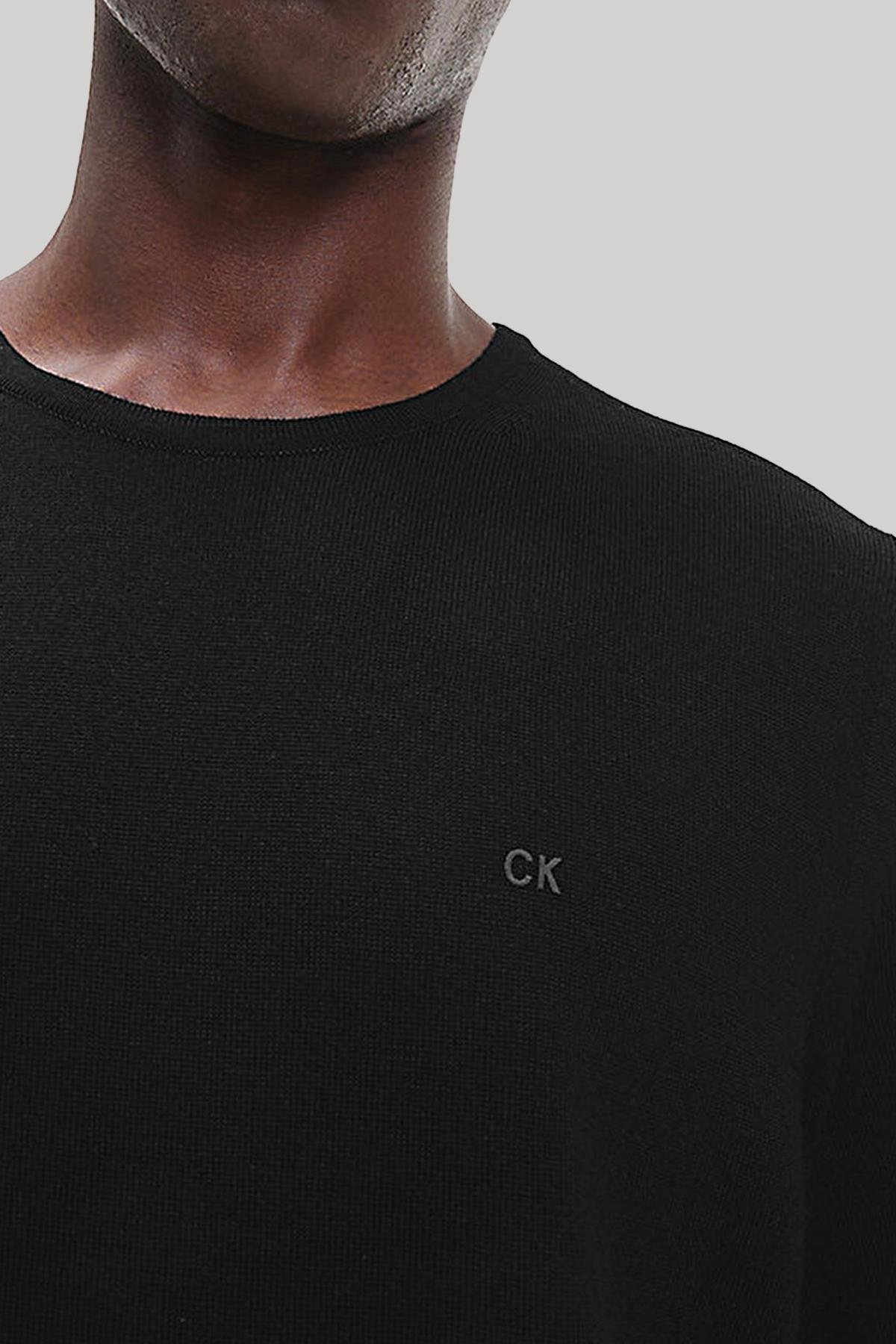 Calvin Klein Calvin Kleın Erkek %100 Yün Marka Logolu Uzun Kollu Bisiklet Yaka Siyah Sweatshirt K10K109474-BEH