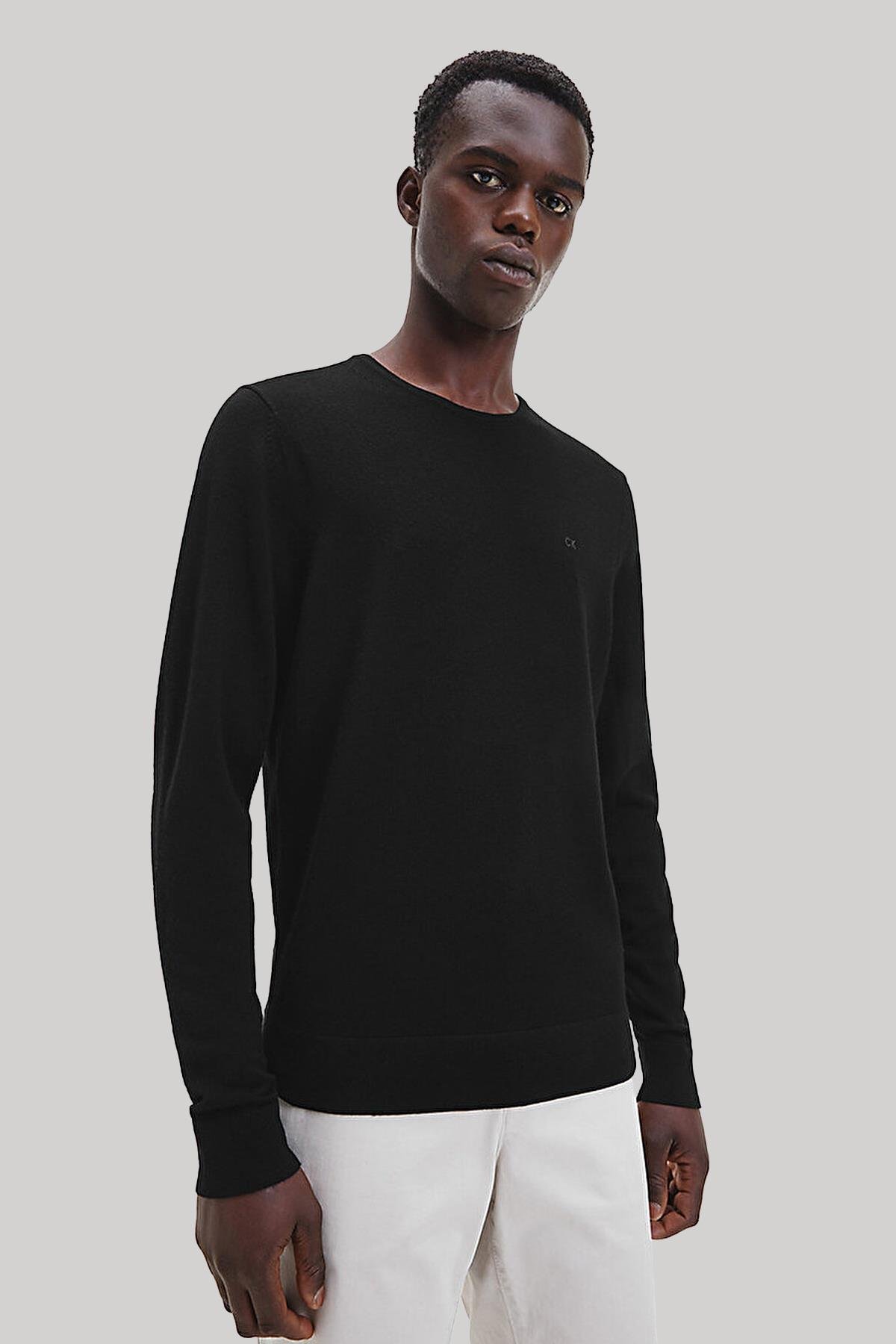 Calvin Klein Calvin Kleın Erkek %100 Yün Marka Logolu Uzun Kollu Bisiklet Yaka Siyah Sweatshirt K10K109474-BEH