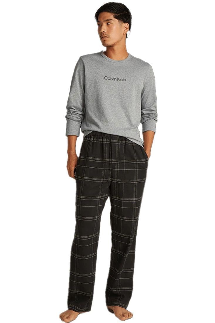 Calvin Klein Calvin Klein Erkek Beli Lastikli Uzun Boy Uzun Kol Ekose Desenli Bisiklet Yaka Gri Pijama Takımı 000NM2765E-SX7