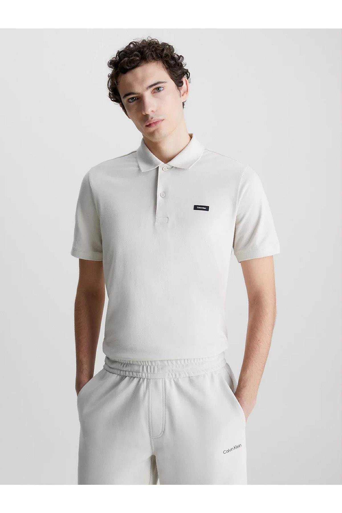 Calvin Klein Calvin Kleın Erkek Marka Logolu Polo Yakalı Organik Pamuklu Bej Polo Yaka T-Shirt K10K111196-ACE