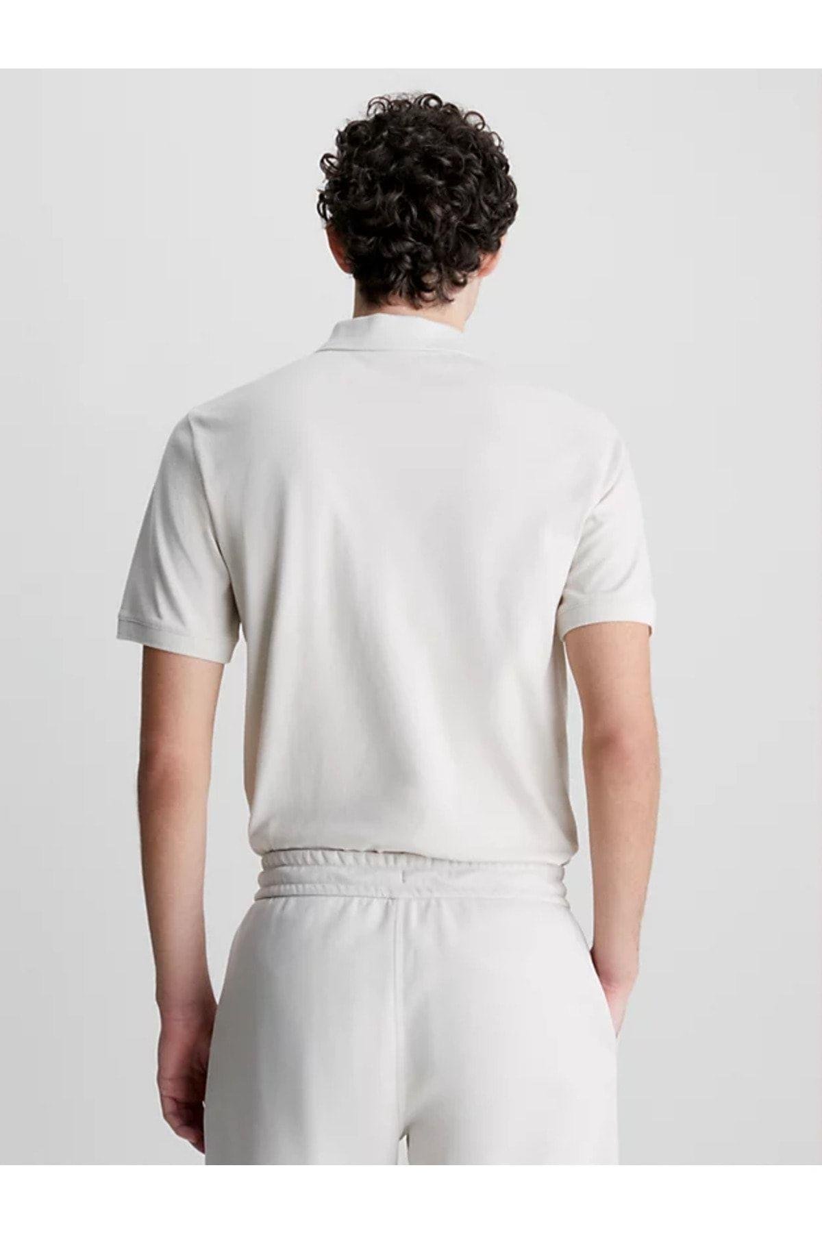Calvin Klein Calvin Kleın Erkek Marka Logolu Polo Yakalı Organik Pamuklu Bej Polo Yaka T-Shirt K10K111196-ACE