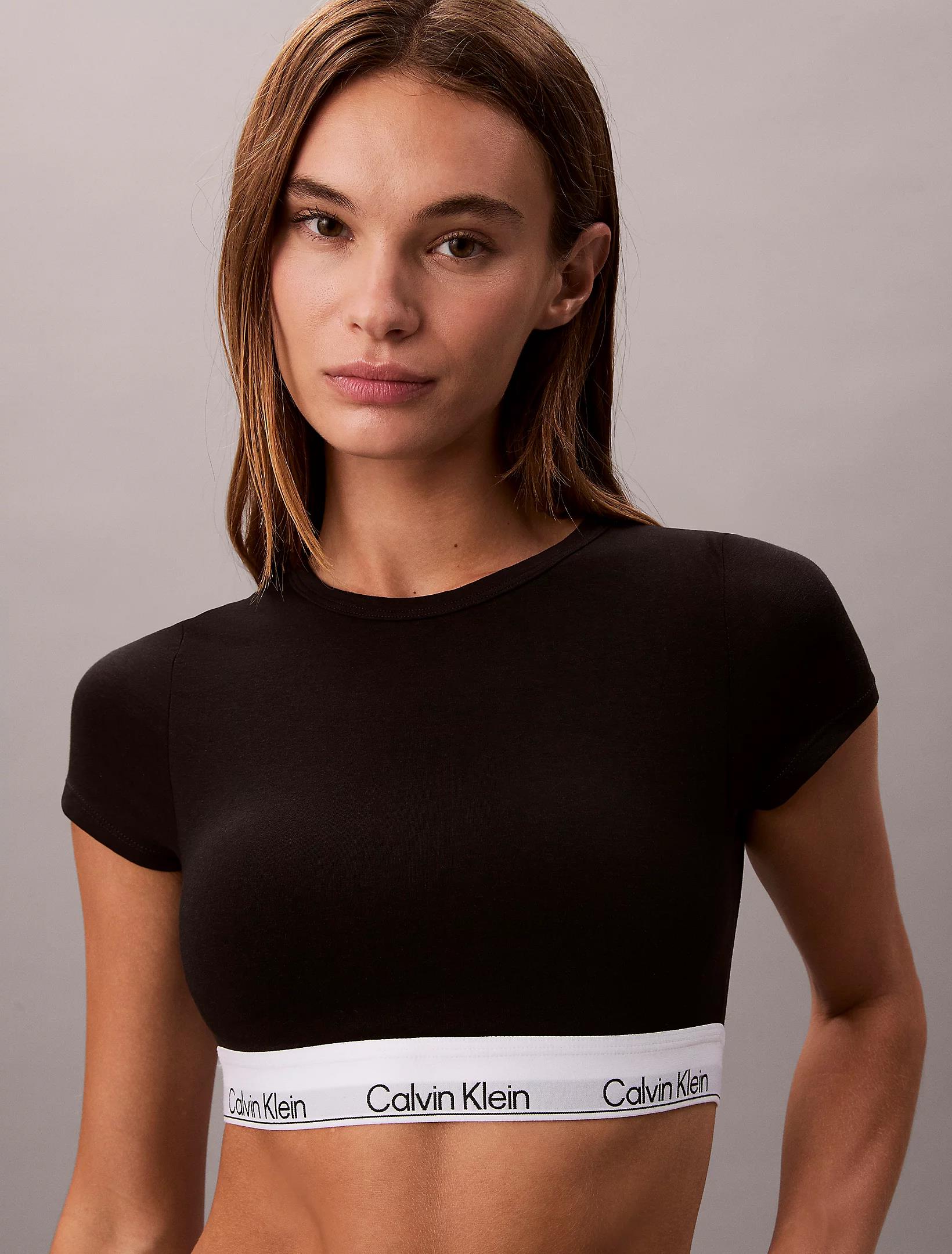 Calvin Klein Calvin Klein Kadın Kısa Kol Lastik Bölümü Calvin Klein Yazılı Slim Fit Pamuklu Siyah Sütyen LV00QF8495-UB1