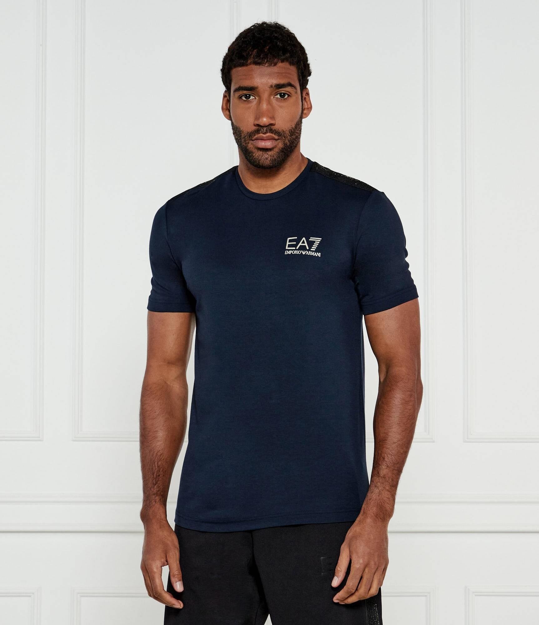 Ea7 Ea7 Erkek Kısa Kollu Dar Kesim Kısa Kollu Gold Logo Detaylı Mavi T-Shirt 7M000299 AF13739-UB102