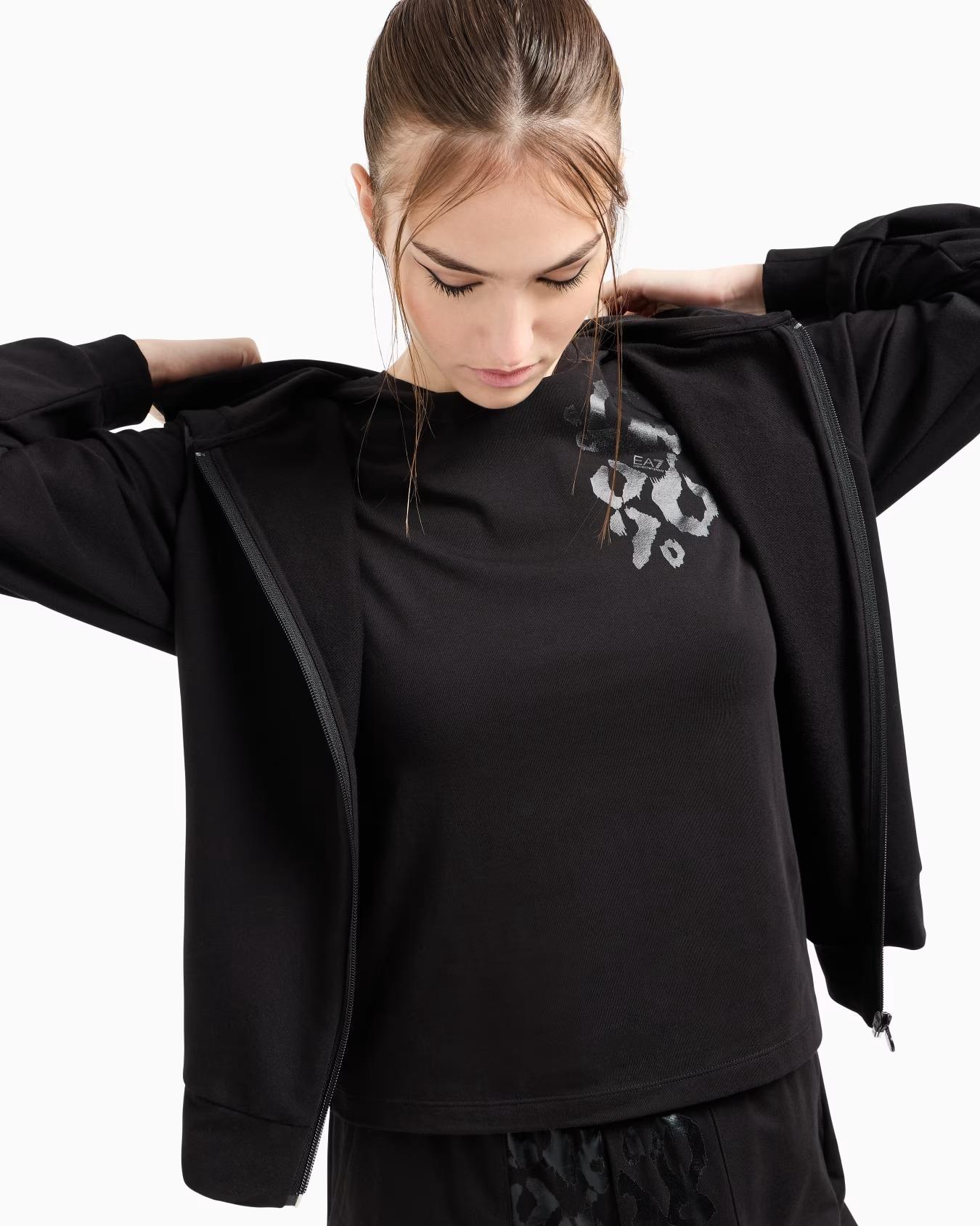 Ea7 Ea7 Kadın Normal Kesim Metalik Grafik Desen Baskılı Pamuklu Kapüşonlu Fermuarlı Uzun Kollu Siyah Sweatshirt 7W000479 AF13135-UC001