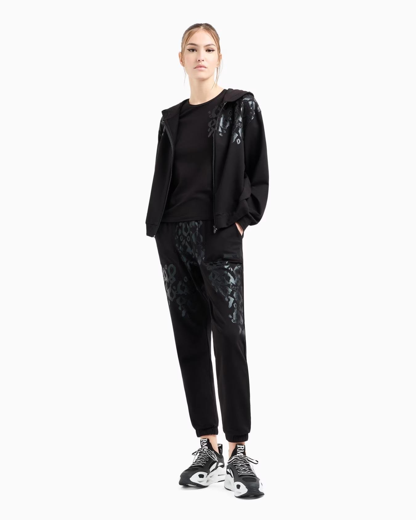 Ea7 Ea7 Kadın Normal Kesim Metalik Grafik Desen Baskılı Pamuklu Kapüşonlu Fermuarlı Uzun Kollu Siyah Sweatshirt 7W000479 AF13135-UC001