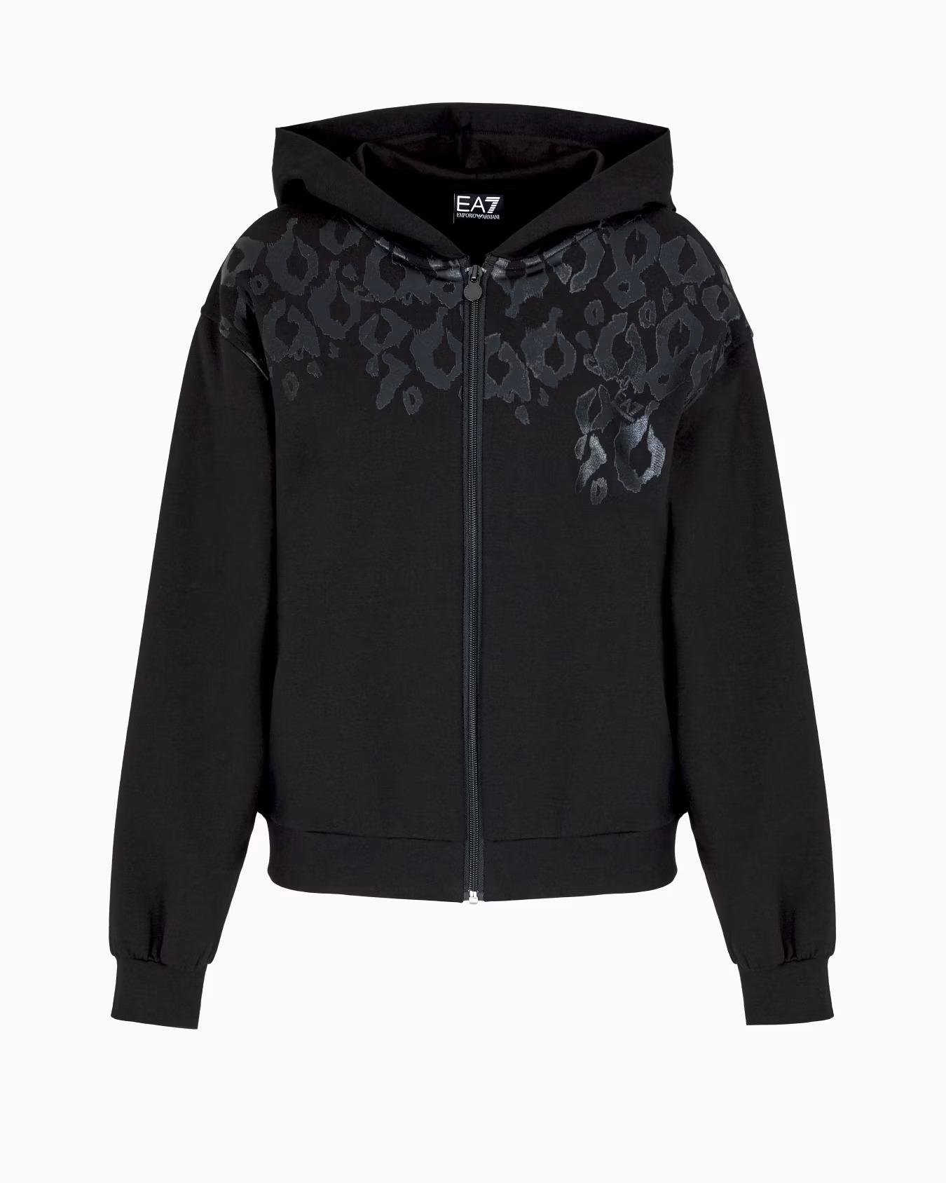 Ea7 Ea7 Kadın Normal Kesim Metalik Grafik Desen Baskılı Pamuklu Kapüşonlu Fermuarlı Uzun Kollu Siyah Sweatshirt 7W000479 AF13135-UC001