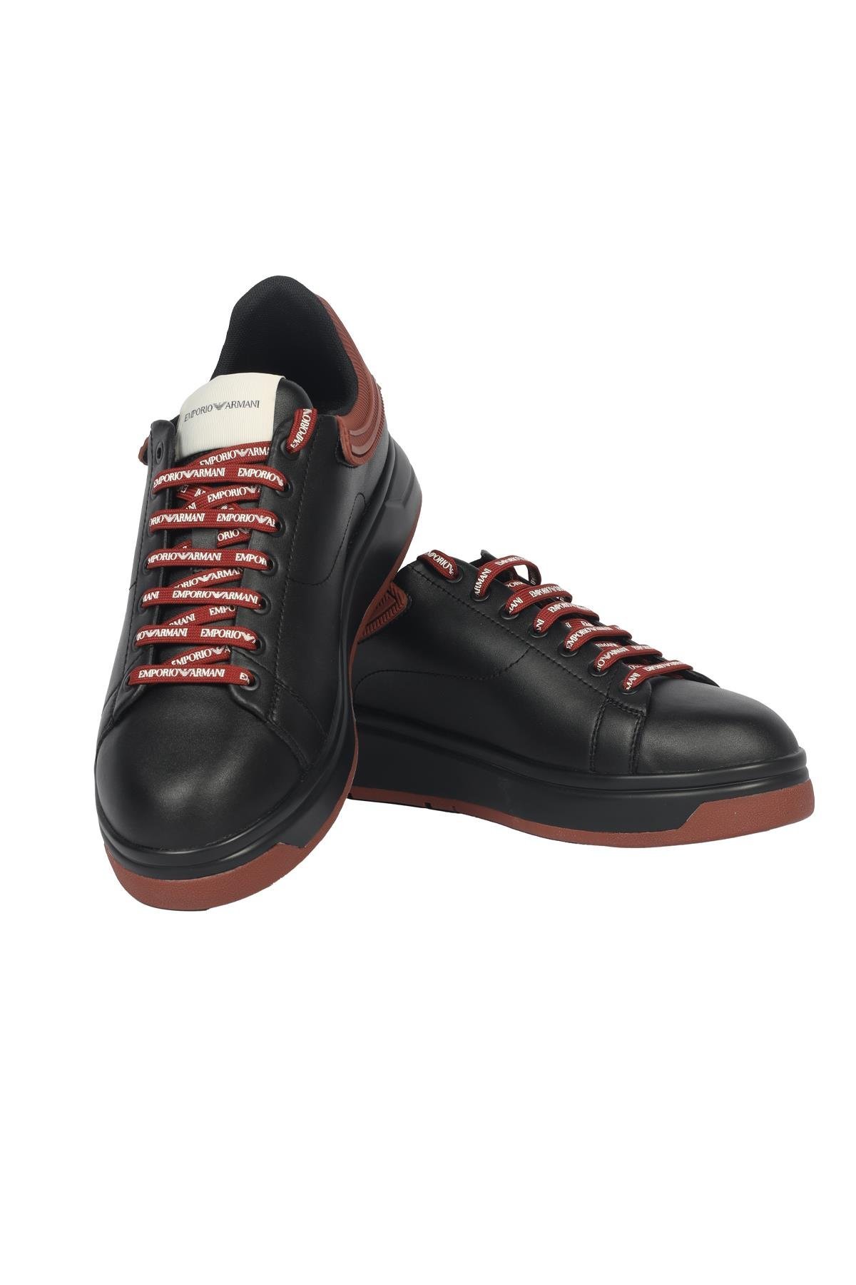 Emporio Armani Emporıo Armani Erkek %100 Deri Marka Logolu Siyah-Bordo Sneaker X4X264 XN001-T430
