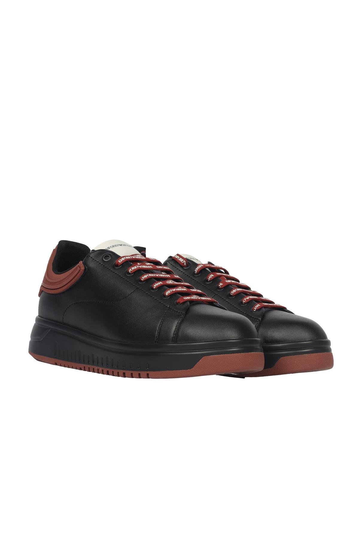 Emporio Armani Emporıo Armani Erkek %100 Deri Marka Logolu Siyah-Bordo Sneaker X4X264 XN001-T430