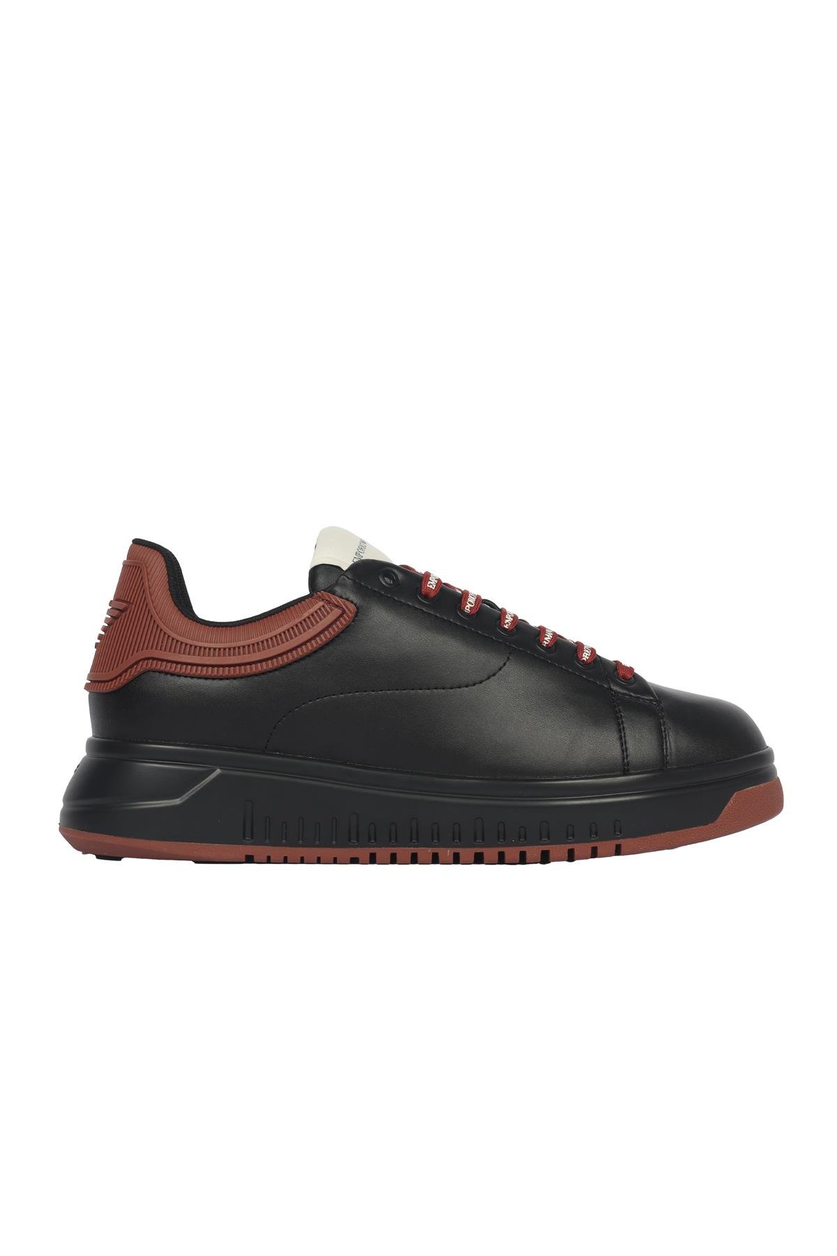 Emporio Armani Emporıo Armani Erkek %100 Deri Marka Logolu Siyah-Bordo Sneaker X4X264 XN001-T430