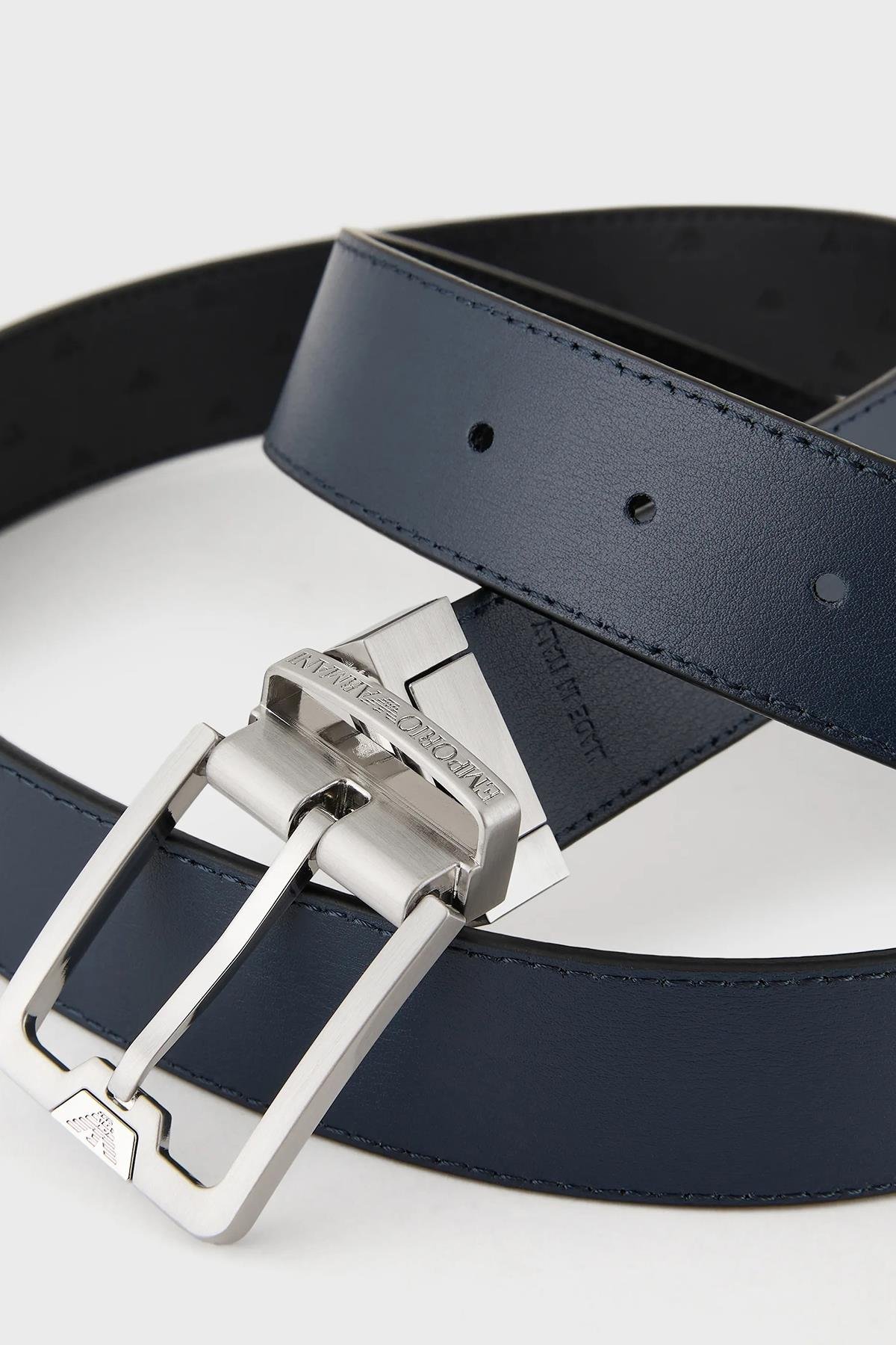 Emporio Armani Emporıo Armani Erkek Hakiki Deri Logolu Metal Tokalı Lacivert Kemer Y4S502 Y734E-88045