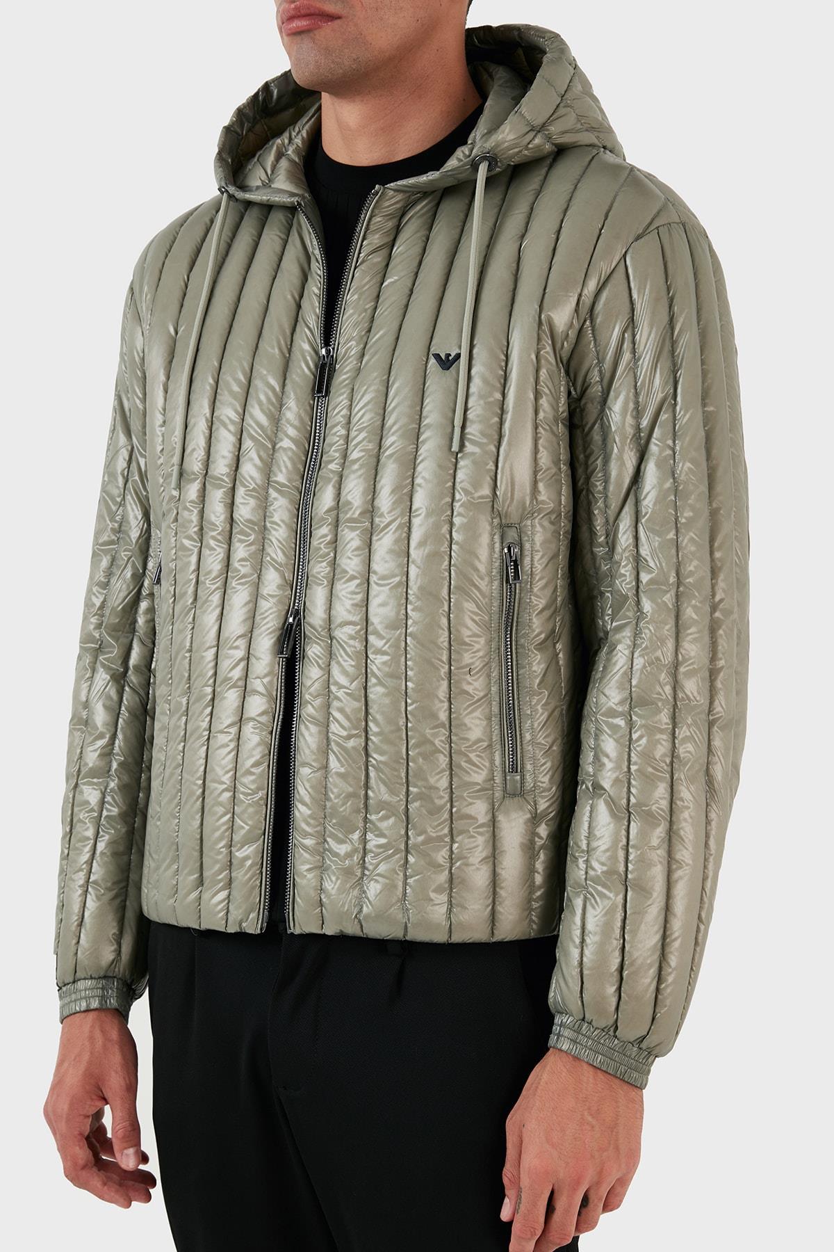 Emporio Armani Emporıo Armani Erkek Kapşonlu Yaka Marka Detaylı Fermuarlı Şişme Yeşil2 Mont 6R1B79 1NKZZ-0606