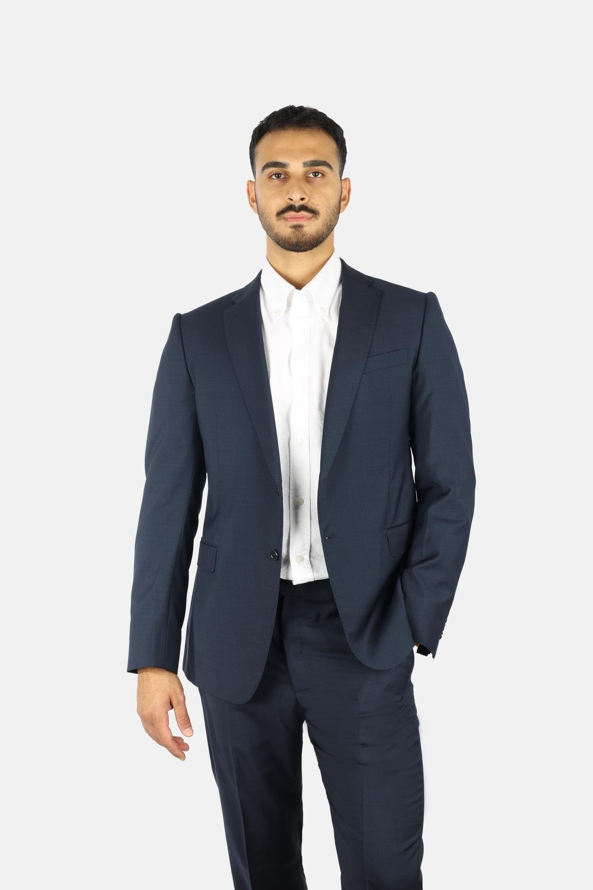 Emporio Armani Emporıo Armani Erkek Regular Fit Düz Kesim Mikro Desenli Saf Yün Lacivert Takım Elbise EM000098 TE16852-FB199