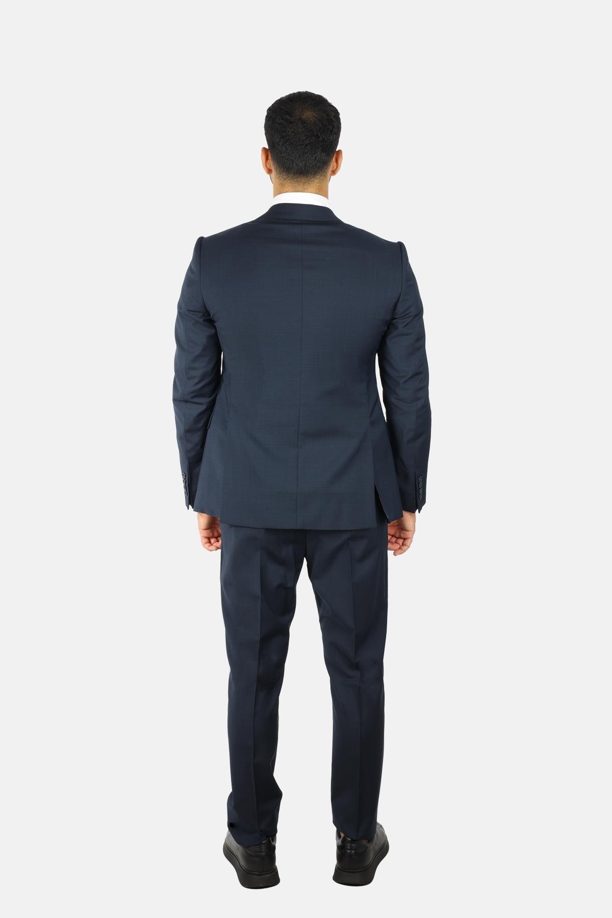 Emporio Armani Emporıo Armani Erkek Regular Fit Düz Kesim Mikro Desenli Saf Yün Lacivert Takım Elbise EM000098 TE16852-FB199