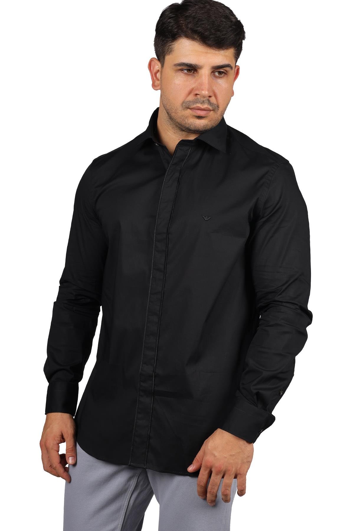 Emporio Armani Emporıo Armani Erkek Uzun Kol Normal Gömlek Yaka Günlük Siyah Gömlek 3R1CN6 1K01Z-0090