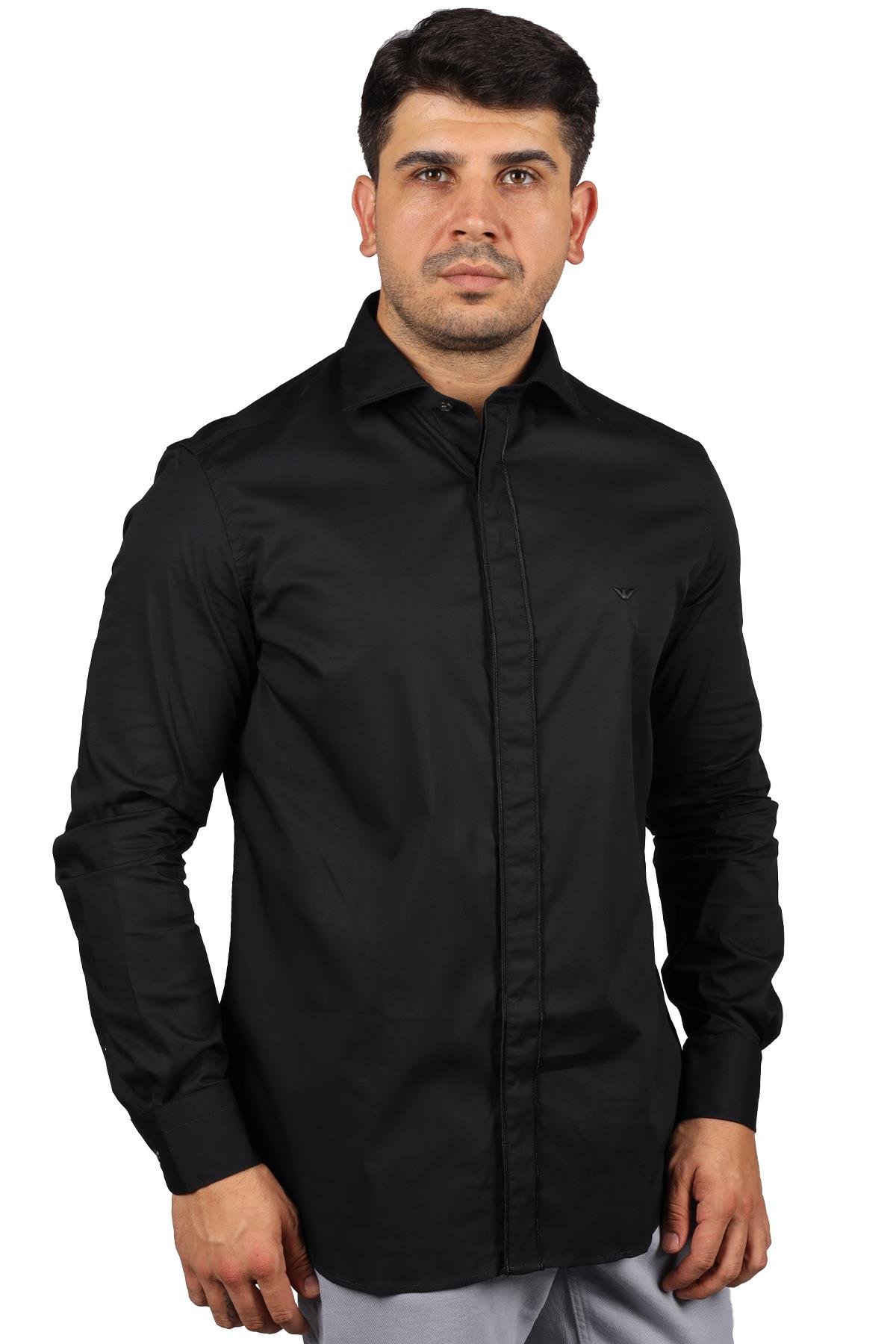 Emporio Armani Emporıo Armani Erkek Uzun Kol Normal Gömlek Yaka Günlük Siyah Gömlek 3R1CN6 1K01Z-0090