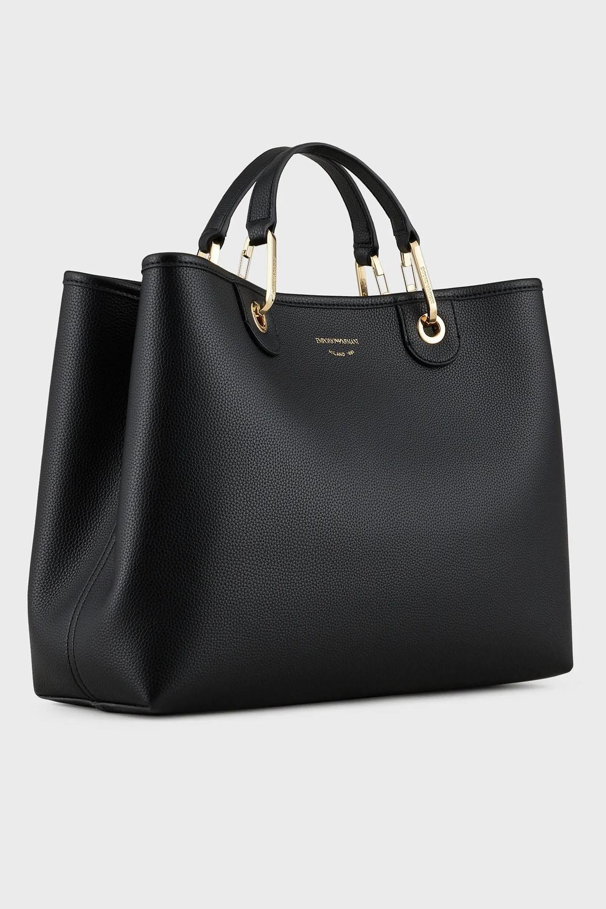 Emporio Armani Emporıo Armani Kadın Logolu Ayarlanabilir Askılıklı Deri Günlük Kullanım Siyah-Altın Omuz Çantası Y3D165 YFO5B-85218