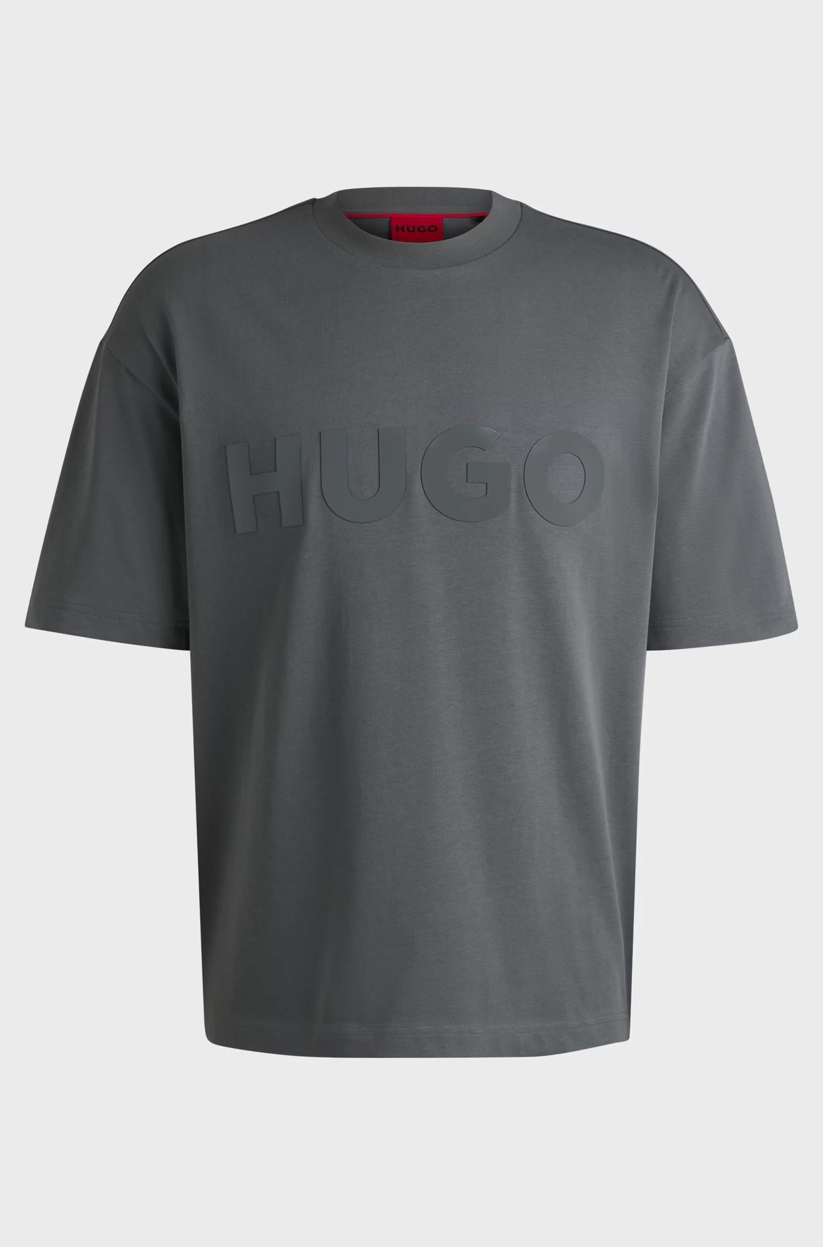 HUGO HUGO Erkek Oversize Büyük Logo İşlemeli Pamuklu Yuvarlak Yaka Kısa Kollu Antrasit T-Shirt 50525765-086
