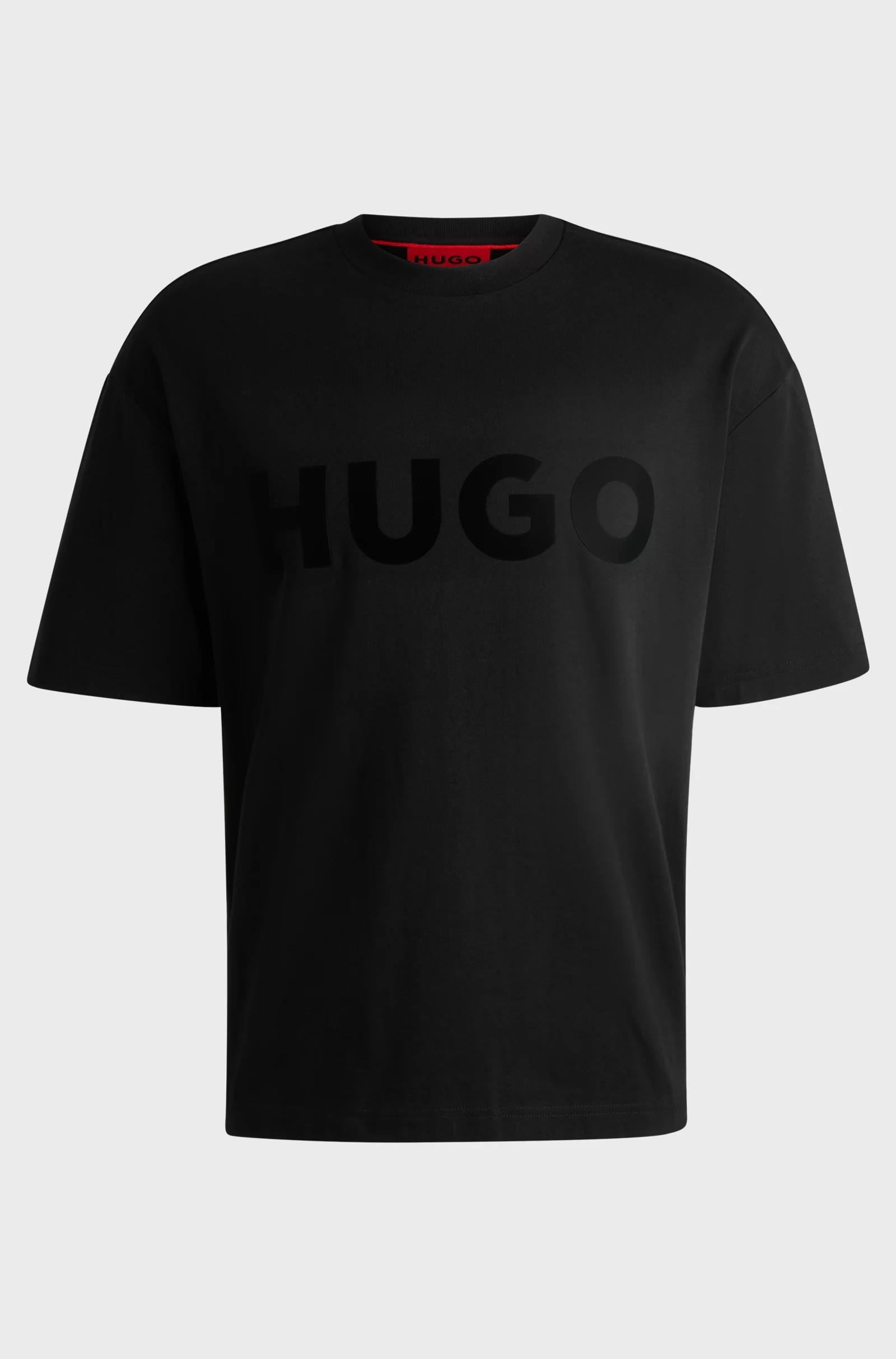 HUGO HUGO Erkek Oversize Büyük Logo İşlemeli Pamuklu Yuvarlak Yaka Kısa Kollu Siyah T-Shirt 50525765-001