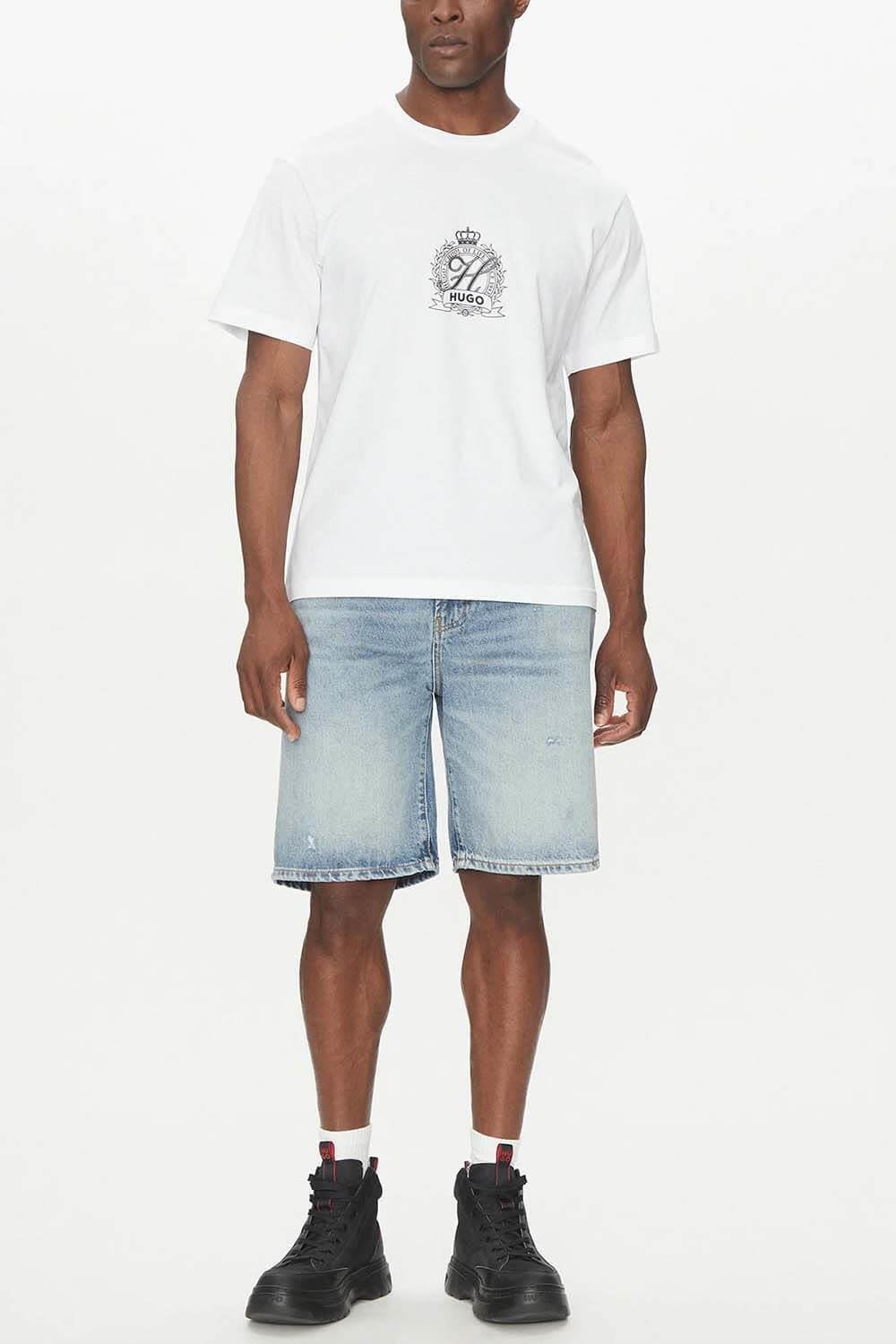 HUGO HUGO Erkek Regular Fit Göğüste İşlemeli Logo Desenli Yuvarlak Yaka Kısa Kollu Pamuklu Beyaz T-Shirt 50538246-100