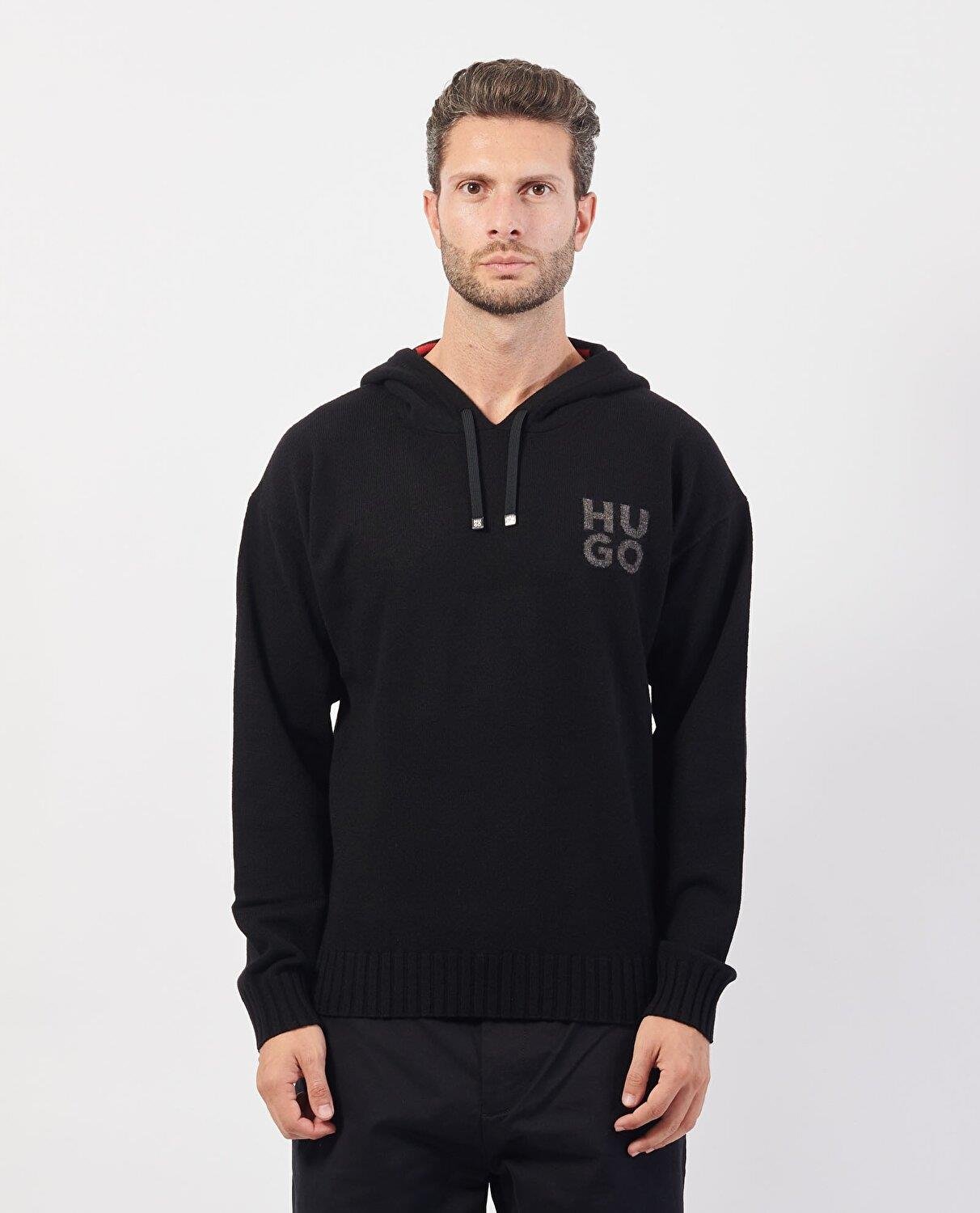 HUGO HUGO Erkek Regular Fit Marka Logolu Kapüşonlu Uzun Kollu Siyah Kazak 50527223-001