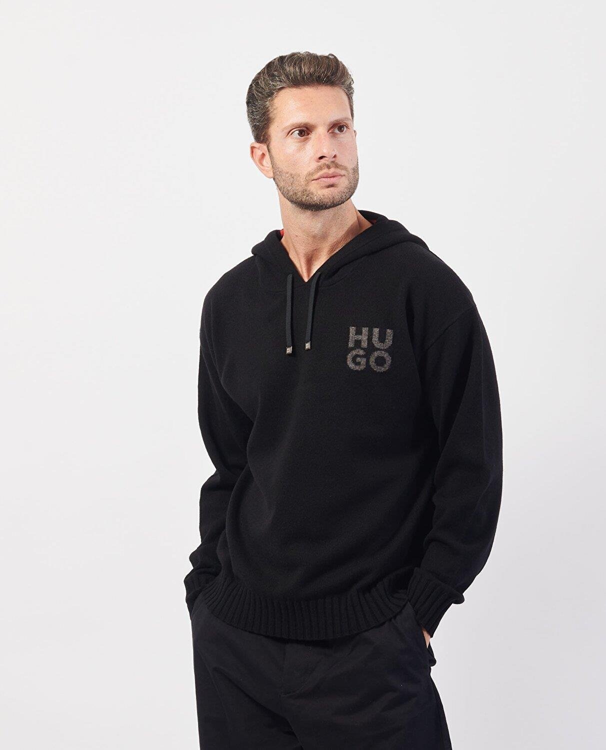 HUGO HUGO Erkek Regular Fit Marka Logolu Kapüşonlu Uzun Kollu Siyah Kazak 50527223-001