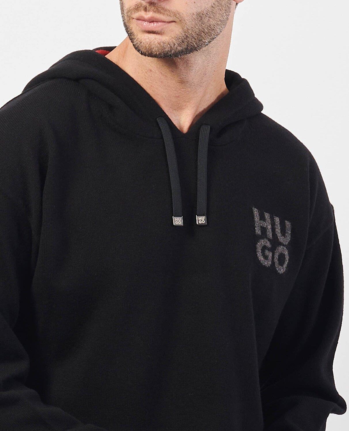 HUGO HUGO Erkek Regular Fit Marka Logolu Kapüşonlu Uzun Kollu Siyah Kazak 50527223-001