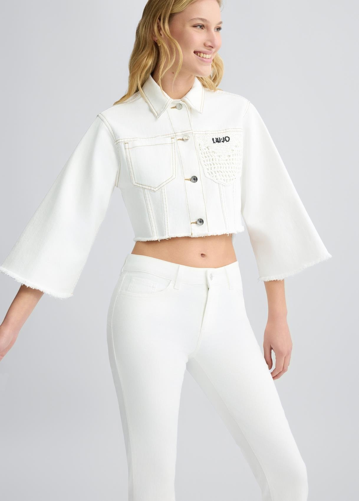 LIU JO Lıu Jo Kadın Düğme Kapama Crop Boy Geniş Kol Cep İşleme Detaylı Beyaz Ceket WA5446D4666-10701